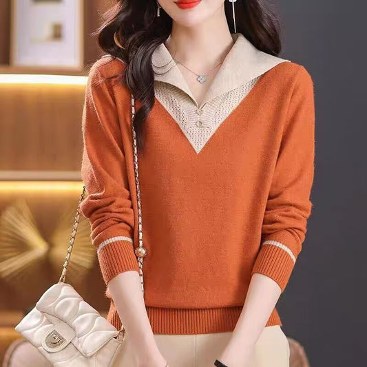 Lapel Outer Long-sleeves Knitted Pullover Sweater