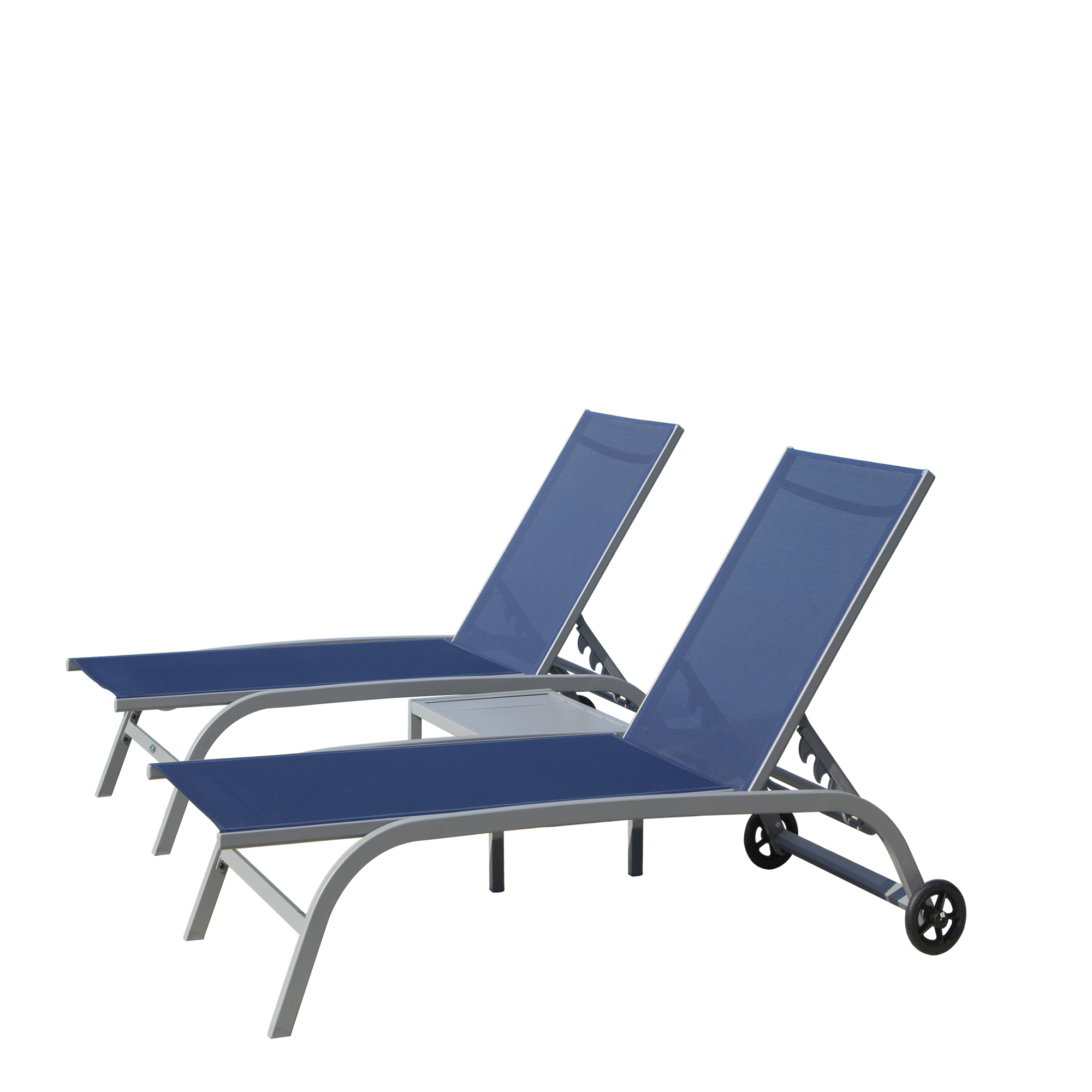 Chaise Lounge Outdoor Set Of 3, Lounge Chairs For Outside With Wheels, Outdoor Lounge Chairs With 5 Adjustable Position, Pool Lounge Chairs For Patio, Beach Blue, 2 Lounge Chairs 1 Table