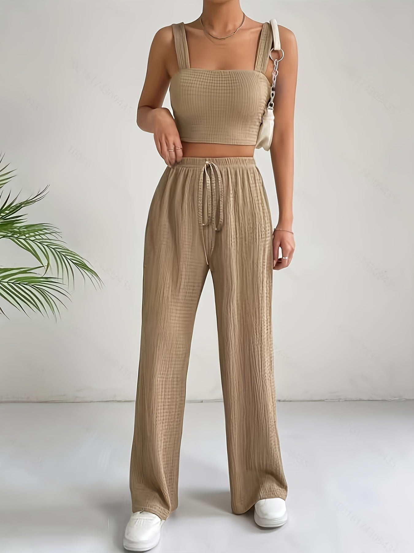 Elegant Solid Color Textured Pantsuits, Sleeveless Crop Cami Top & Drawstring High Waist Wide Leg Pants Outfits, Women's Clothing