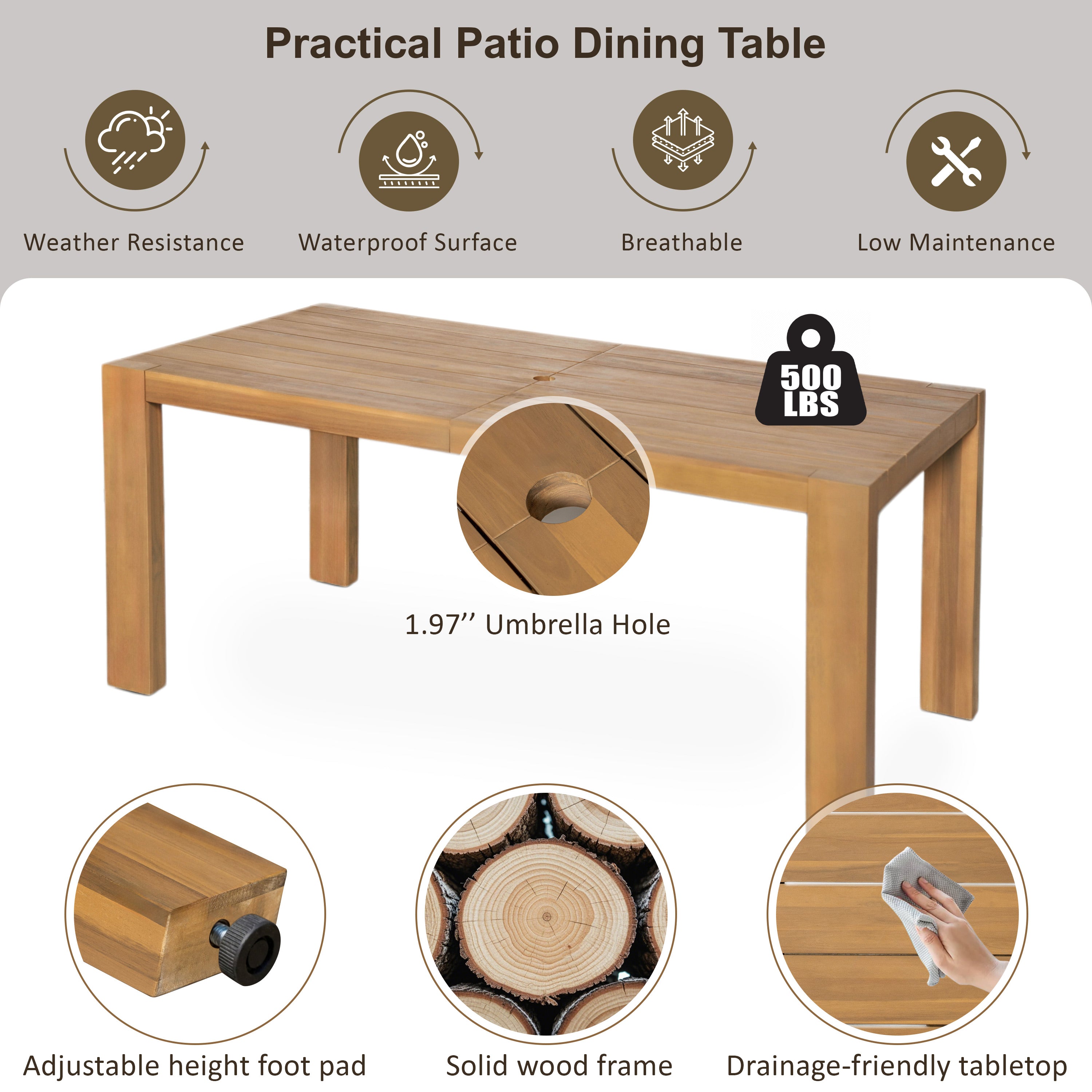 TREXM Patio Dining Table Set For 6  Outdoor Furniture Sets With Umbrella Hole  71 Rectangular Table  Chairs And Bench With Removable Cushions For Backyard  Garden  Poolside  Light Teak Beige Cushion