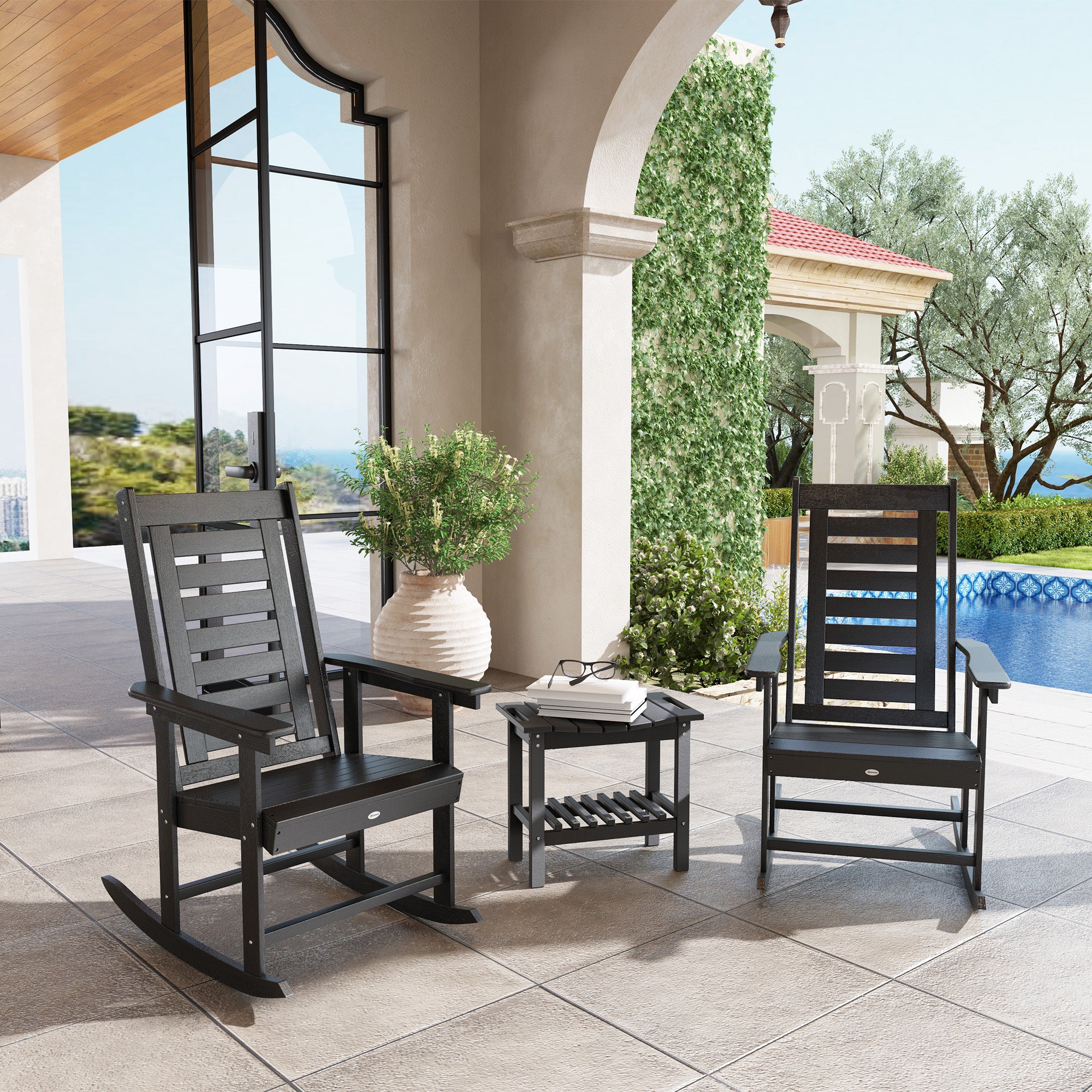 2 Pieces Outdoor Rocking Chairs, HDPE Patio Rockers With 28" High Back, Wide Armrests For Porch Backyard, Black