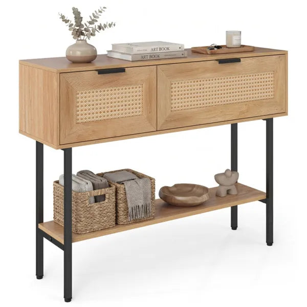 Natural Rattan Console Table With Storage Cabinets & Open Shelf, 40 Inch Entryway Table With Sturdy Carbon Steel Frame For Living Room, Hallway, Sofa Table