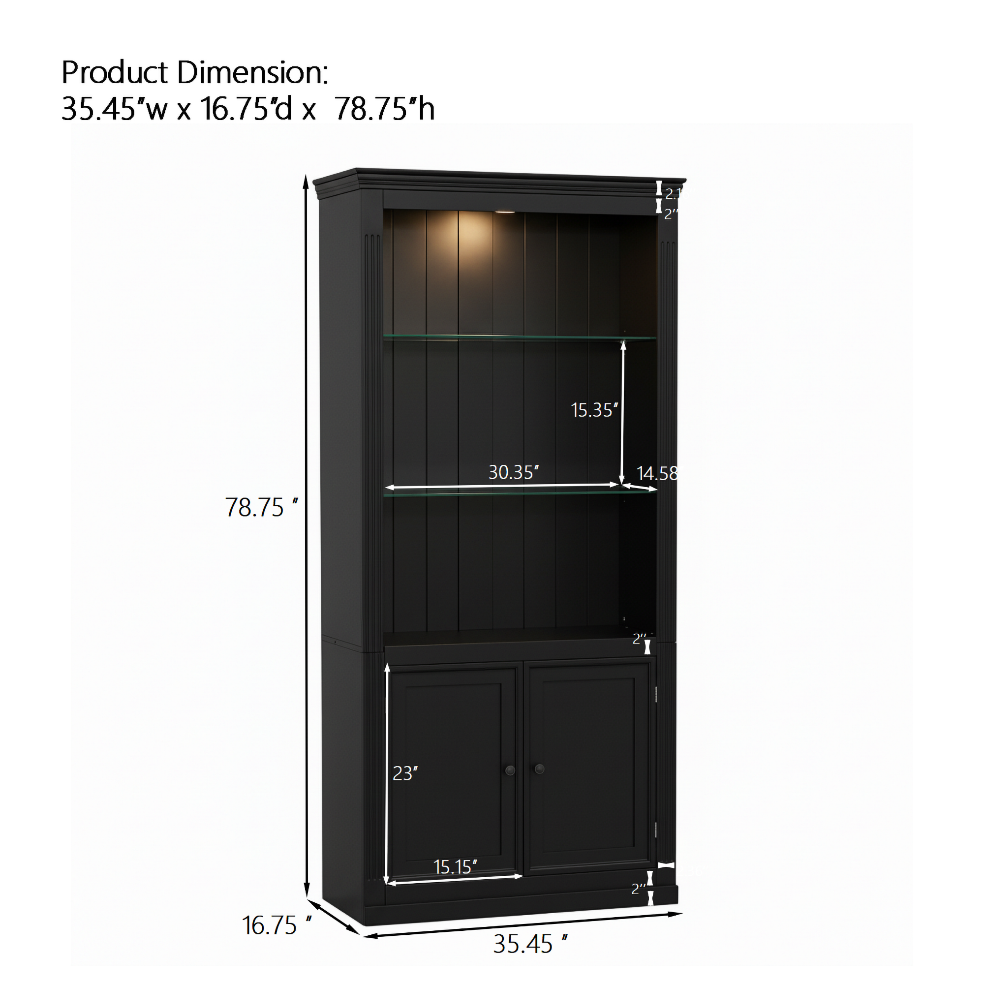 78.75 H 4-Tier Display Shelf, With 5-Colors Dimmable Ceiling Light, Freestanding Farmhouse Bookcases With Storage & Doors, Bookshelf With Adjustable Glass Shelves For Home & Office - Black