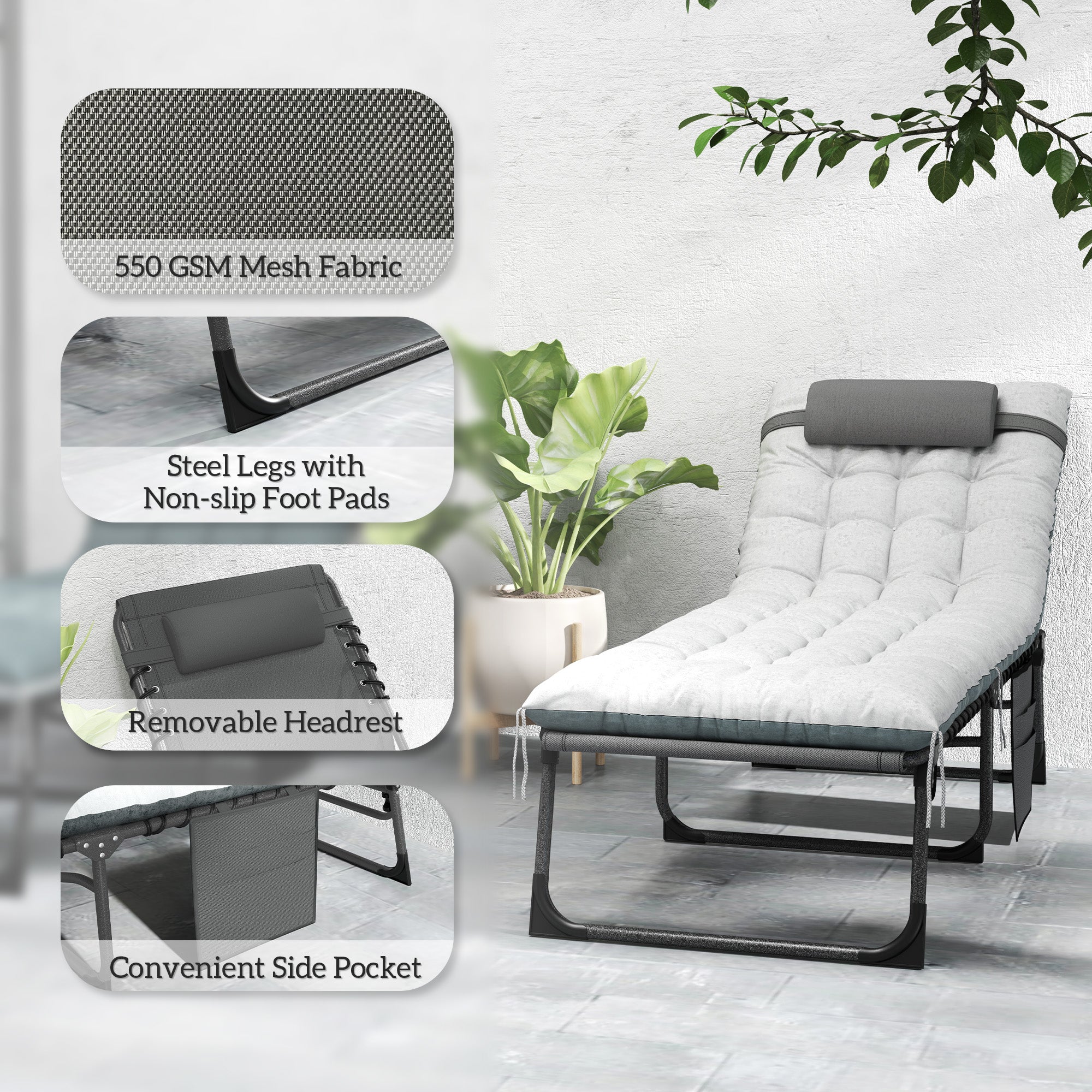 Outdoor Chaise Lounge Chair Set of 2, 5-Level Adjustable Folding Pool Lounge Chairs with Cushions, Gray