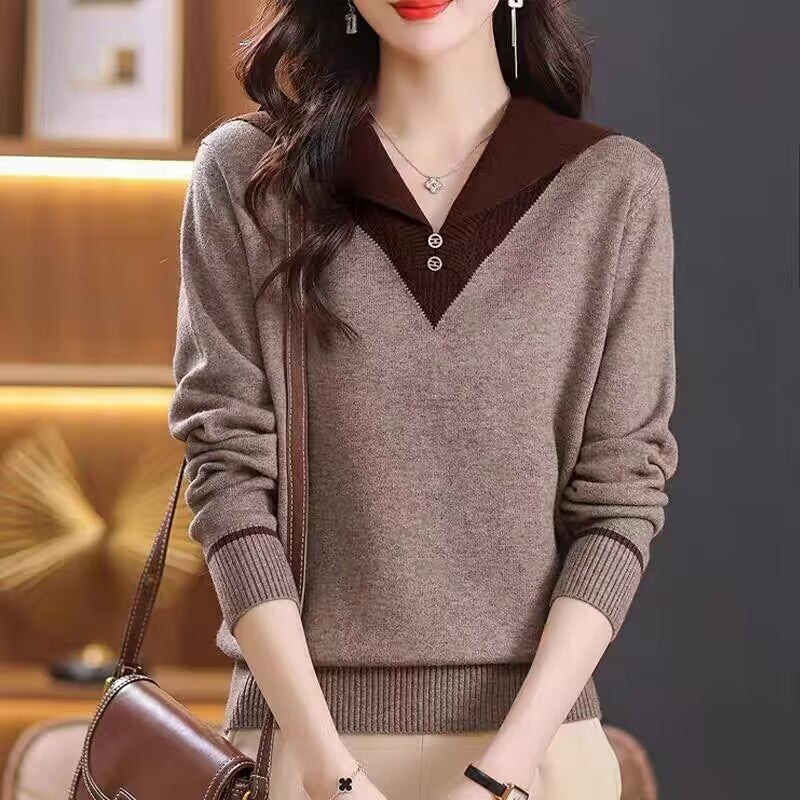 Lapel Outer Long-sleeves Knitted Pullover Sweater