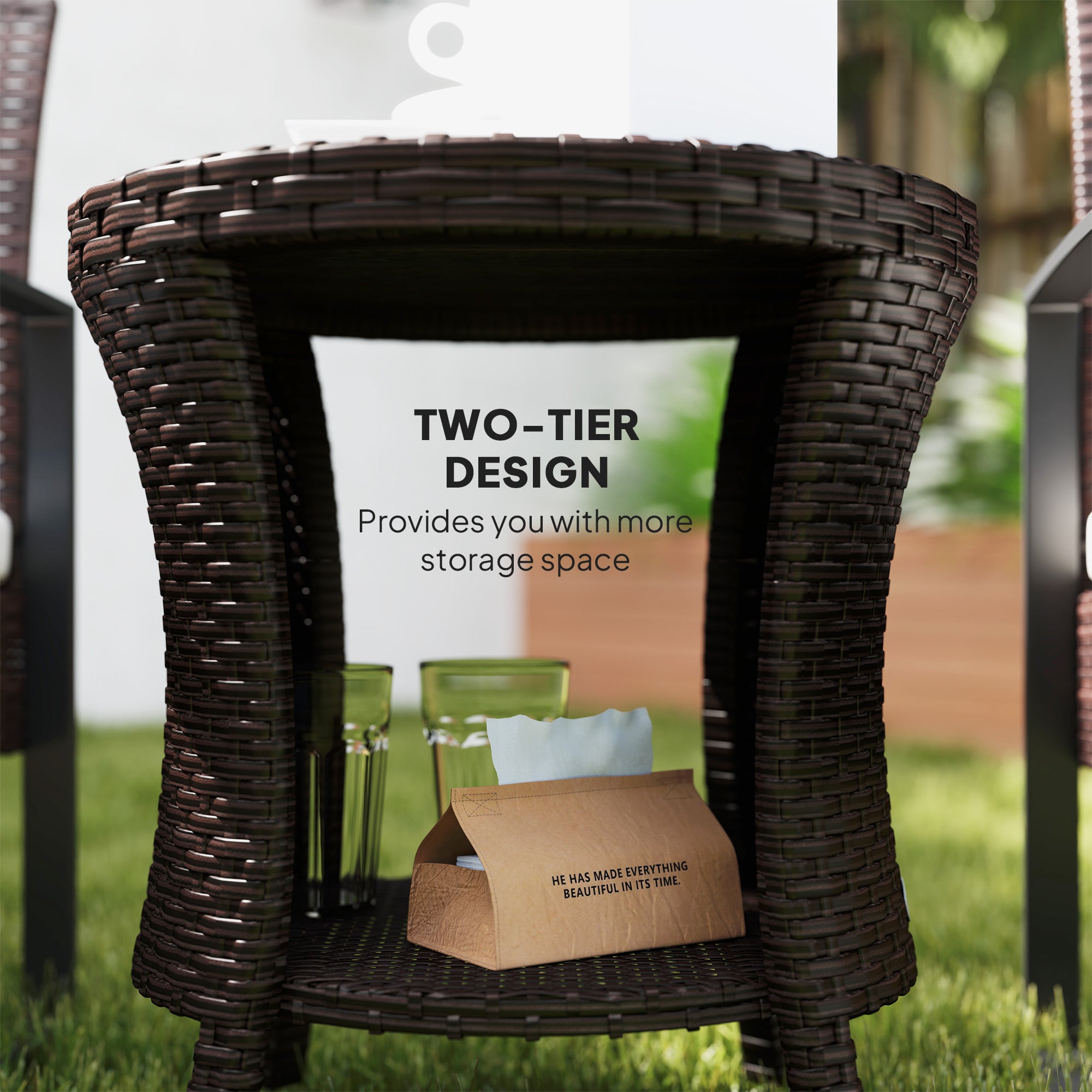 18" Wicker Outdoor Coffee Table, PE Rattan Patio Side Table with 2-Tier Storage, Composite Wood Top, Mixed Brown