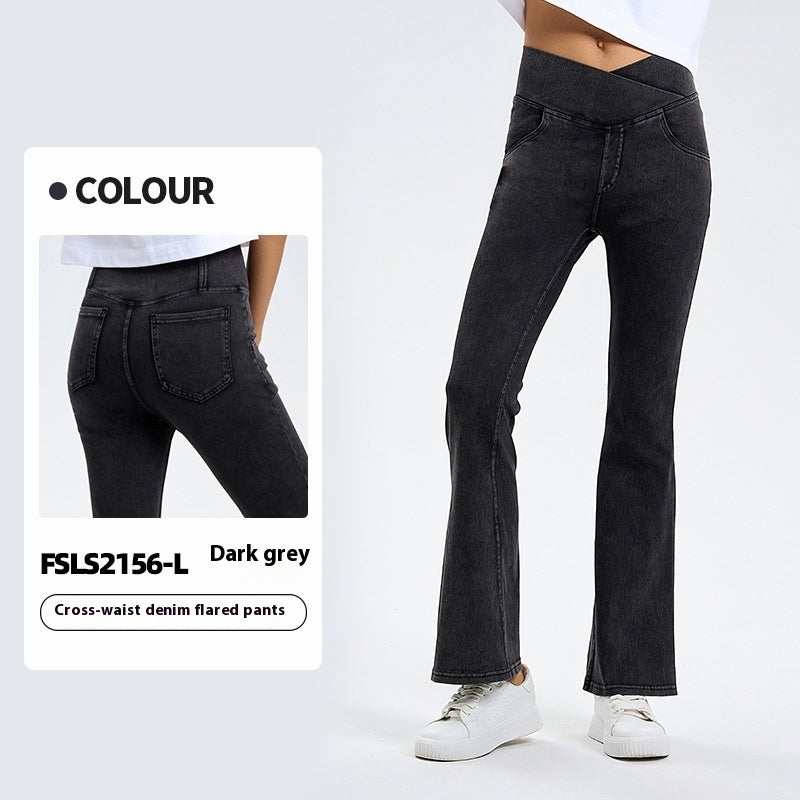 Cross Waist Jeans Women's High Elastic Hip Lifting Sport Bell-bottom Pants