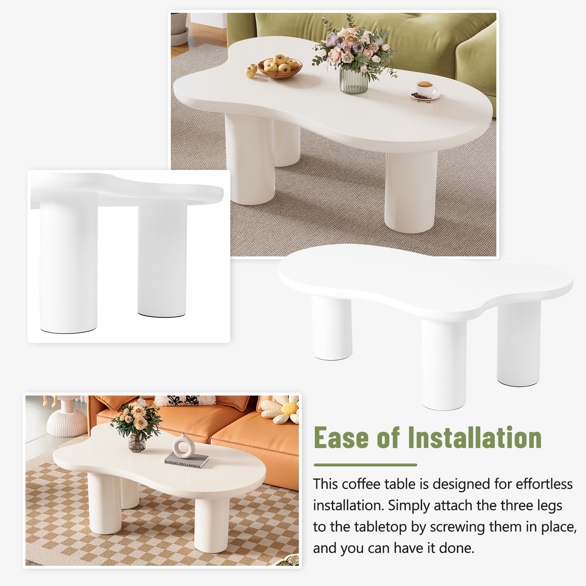 ON-TREND 44'' X 25.9'' Easy Assembly Cloud Coffee Table With 1.5'' Thick Tabletop, Cream Style Irregular End Table With 3 Sturdy Legs, Sleek Center Table With Round Edge For Living Room, White