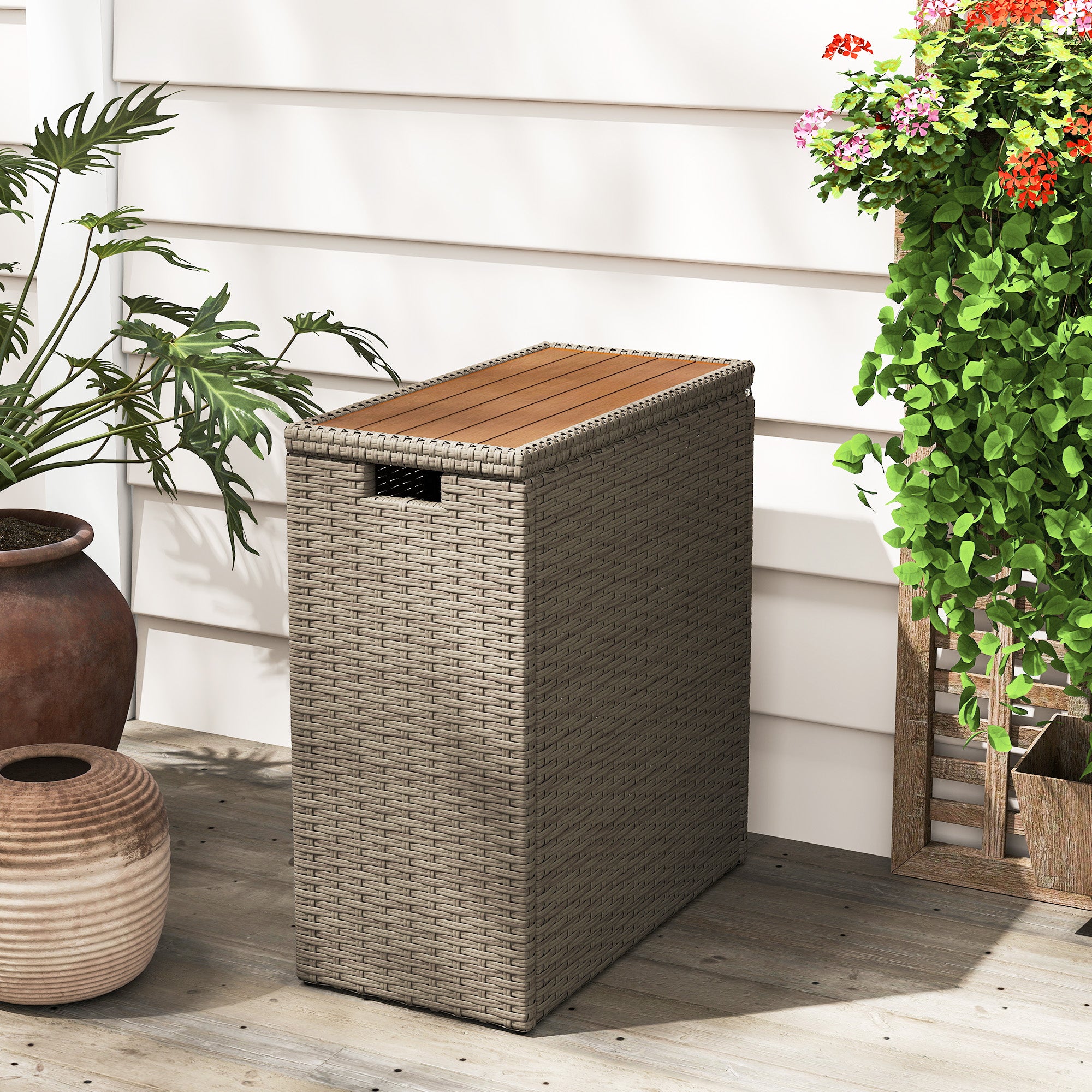 17-Gallon Small Deck Box, Wicker Outdoor Storage Box with Acacia Wood Top for Patio Cushions and Garden Tools, Teak