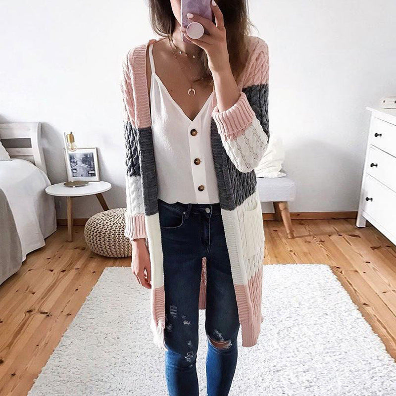 Women Stripe Stitching Contrast Twist Cardigan Sweater