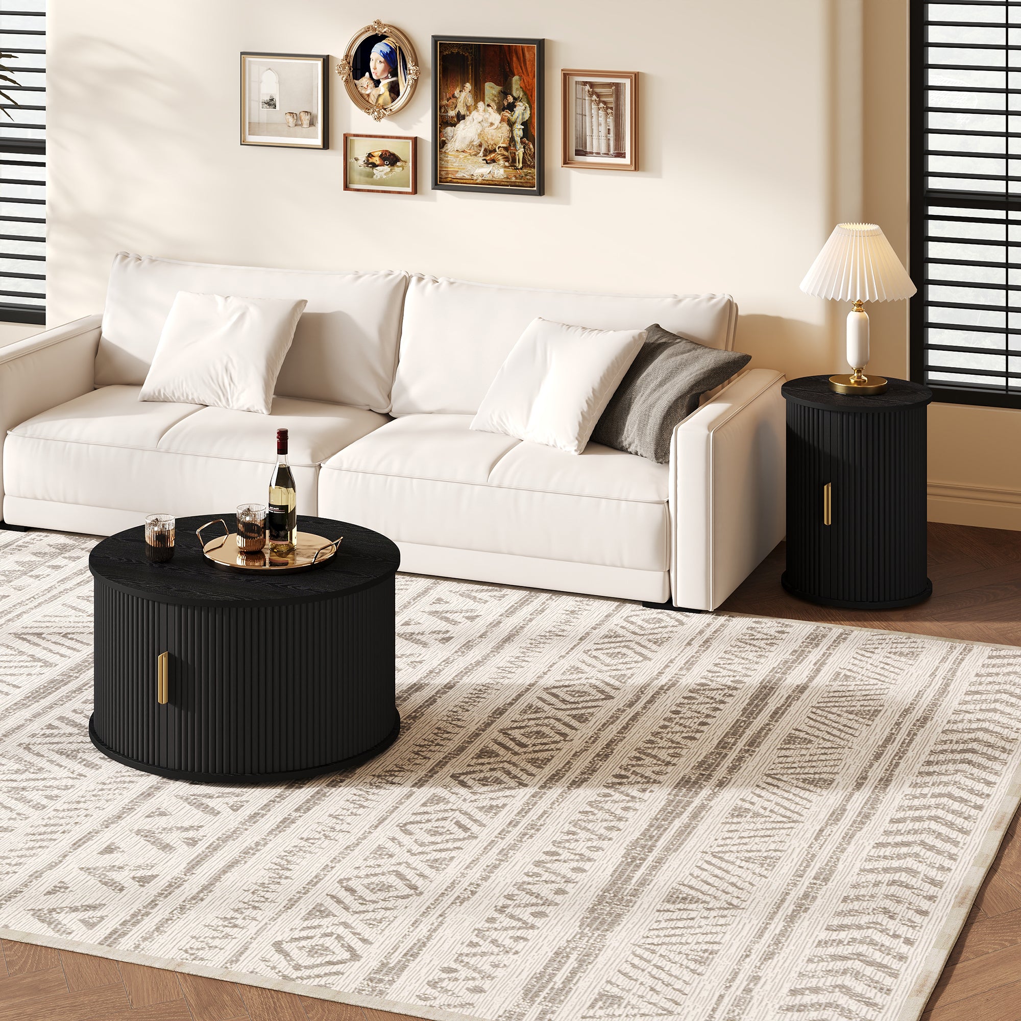 Mid-Century Coffee Table Set With Sliding Tambour Door, Round Fluted End Table With Storage, Golden Handle Tall & Low Side Table With Wooden Finish For Living Room, Set Of Two, Black