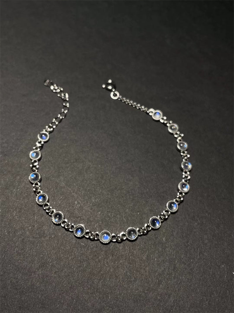 Natural Blue Moonlight Stone Silver 925 Inlaid Edge Bracelet