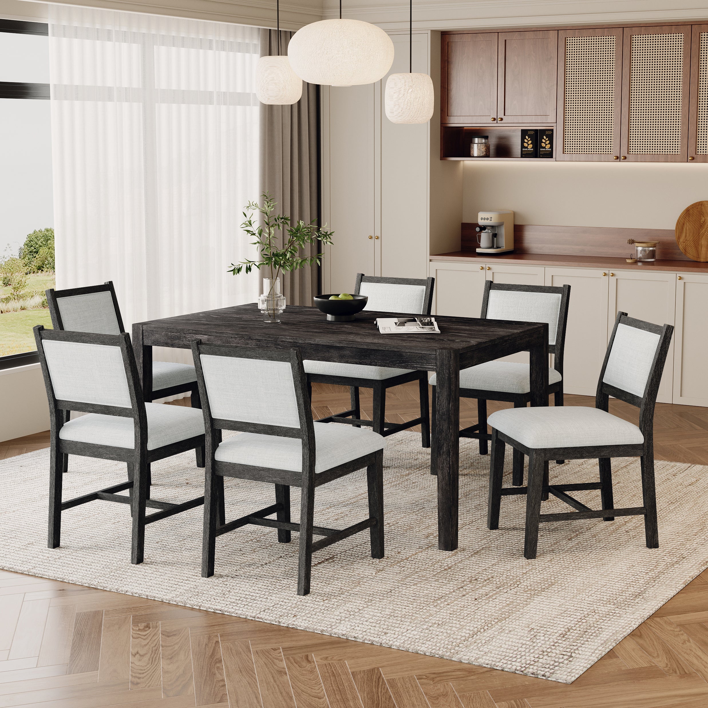 TREXM 7-Piece Retro Dining Table Set For 6  1 Rectangular Wood Dining Table Set For 6 With Upholstered Chairs For Dining Room And Kitchen  Espresso