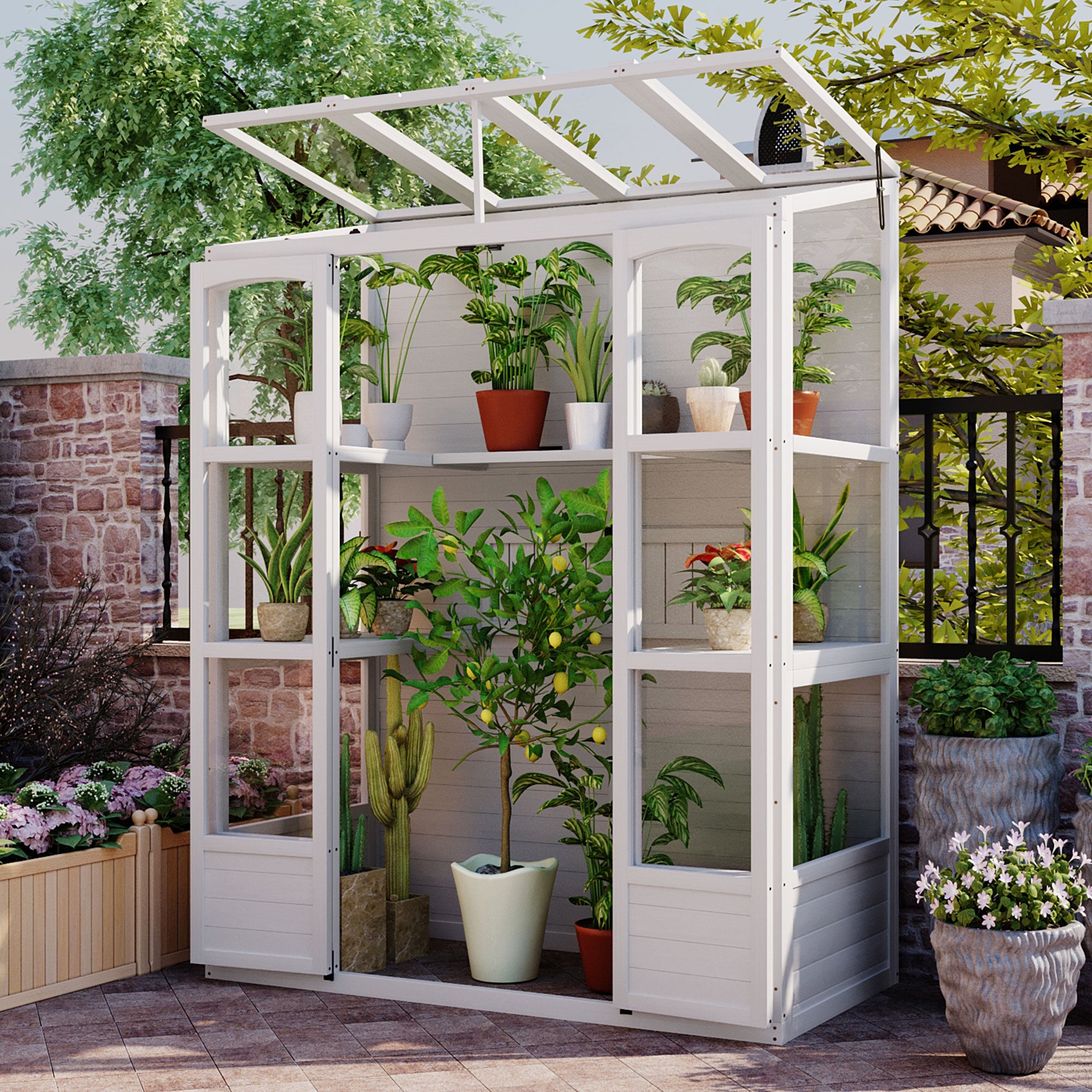 TOPMAX 78-inch Wooden Greenhouse Cold Frame With 4 Independent Skylights And 2 Folding Middle Shelves, Walk-in Outdoor Greenhouse, White