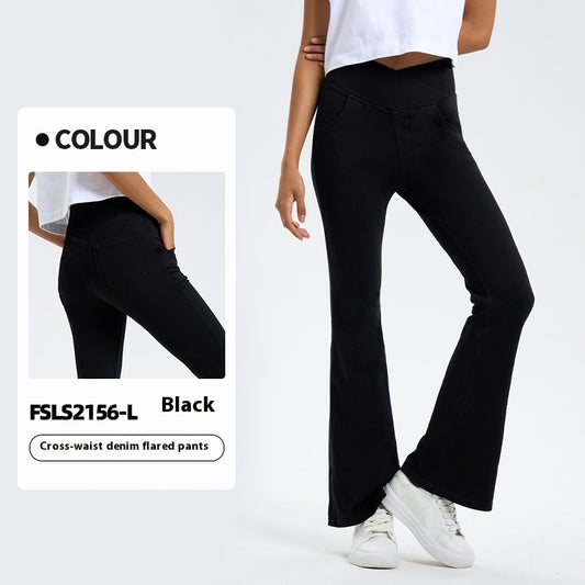 Cross Waist Jeans Women's High Elastic Hip Lifting Sport Bell-bottom Pants