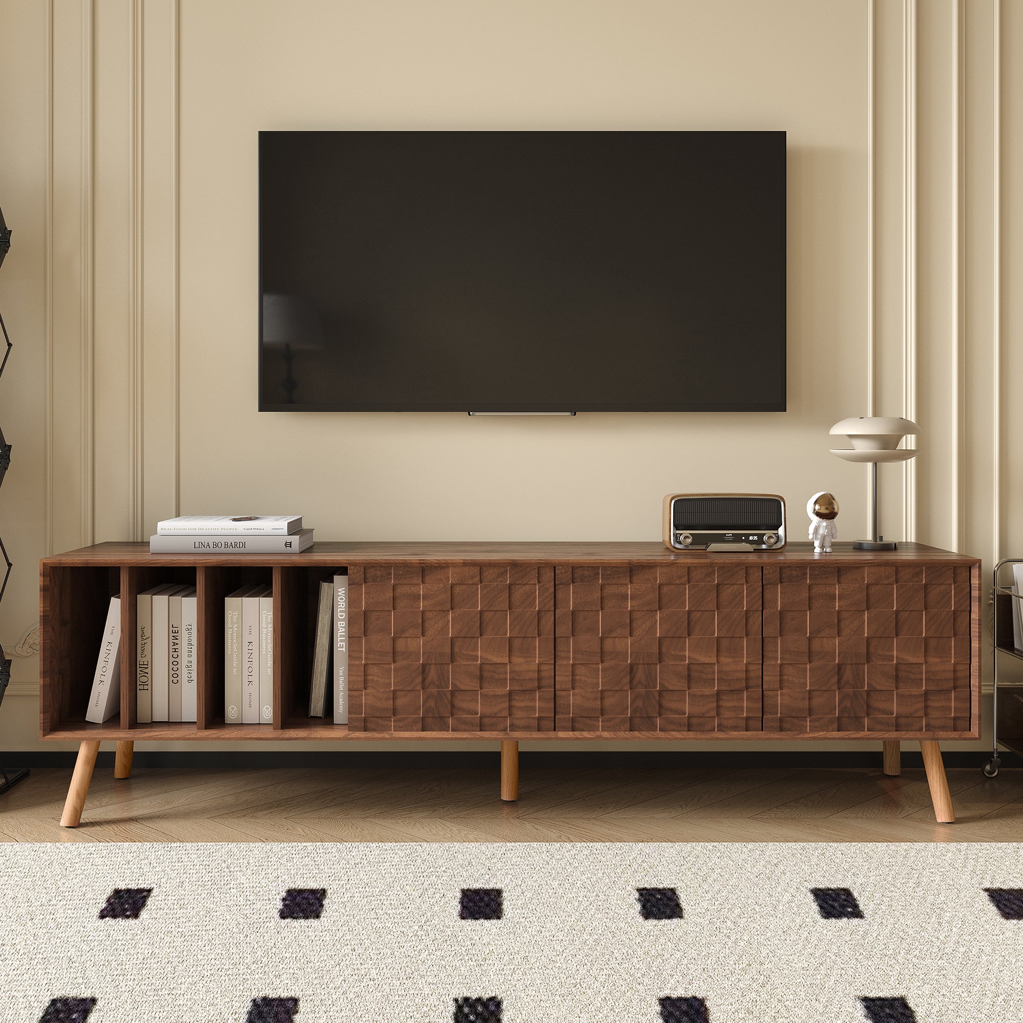 70 Mid-Century Modern TV Stand, Media Console Table For TVs Up To 80, Entertainment Center With 5 Solid Wood Legs For Living Room, Bedroom