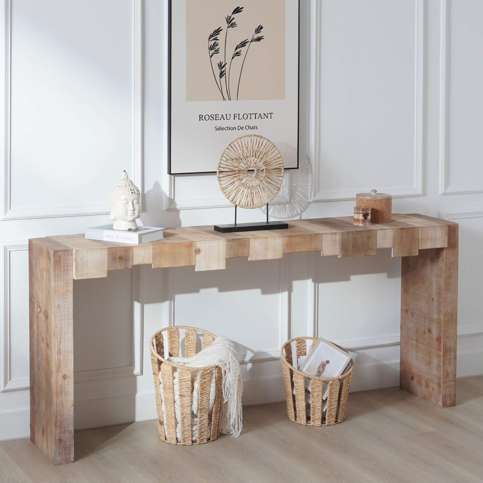 Modern Rustic Console Table - 71  Entryway Table With Sculpted Block Design - Narrow Sofa Table For Hallway, Living Room, Or Foyer