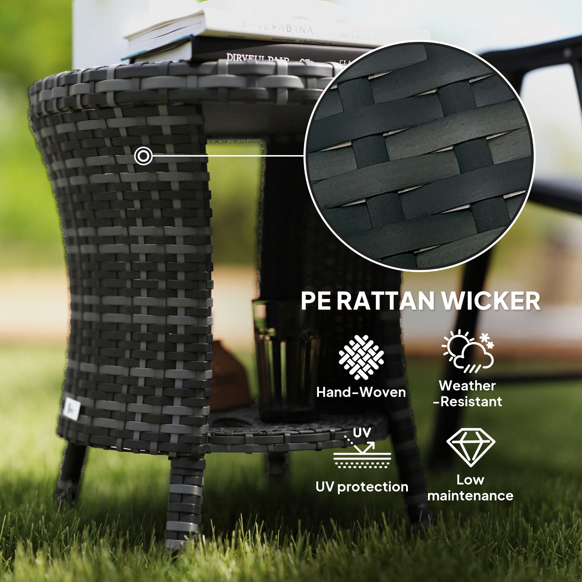 18" Wicker Outdoor Coffee Table, PE Rattan Patio Side Table with 2-Tier Storage, Composite Wood Top, Gray