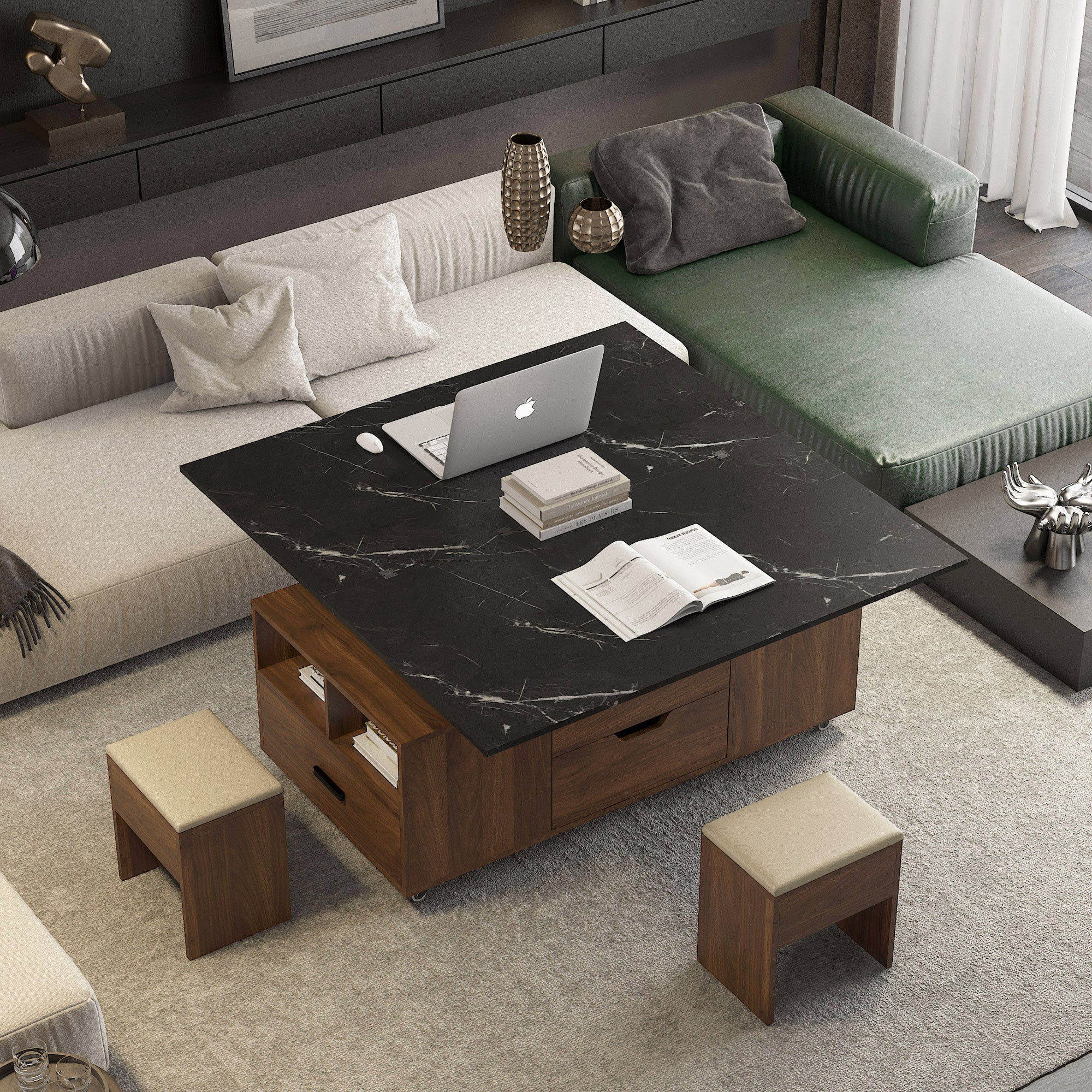 Modern Lift-Up Coffee Table With 2 Stools Set For Living Room Expandable Hidden Storage Drawers Space Saving Folding Dining Table