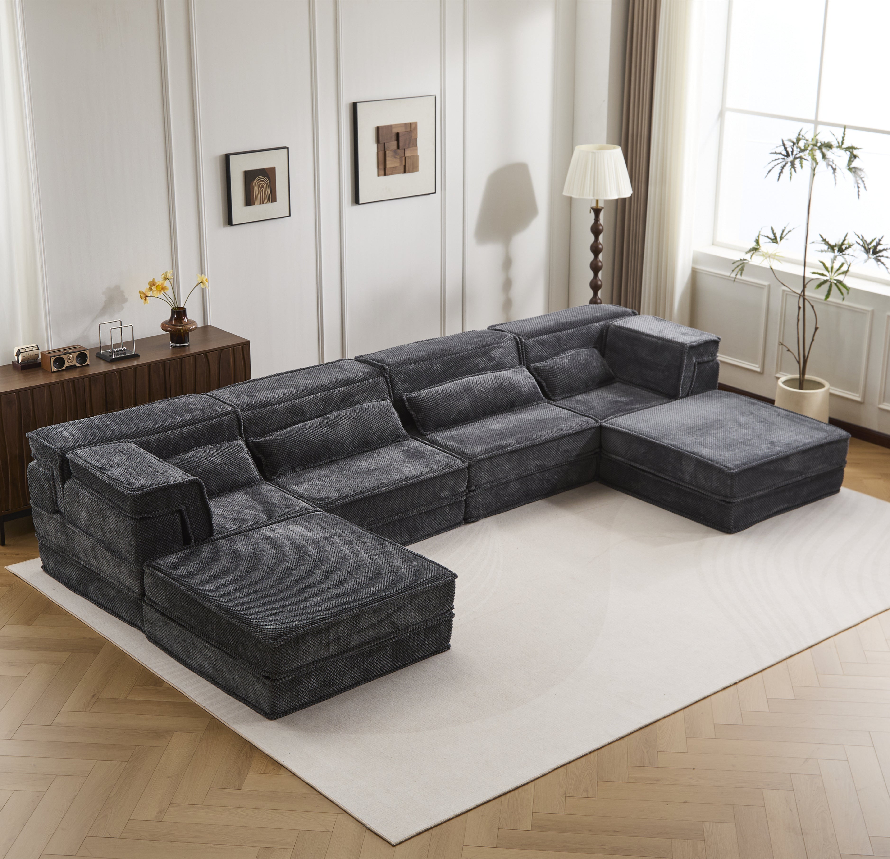 Compression Mahjong Sofa,Convertible Floor Sofa Bed,DIY Boneless Modular Sectional Sofa,No Assembly Required,Circle Fleece Fabric,Oversized 4 Seater With 2 Ottoman,Dark-grey