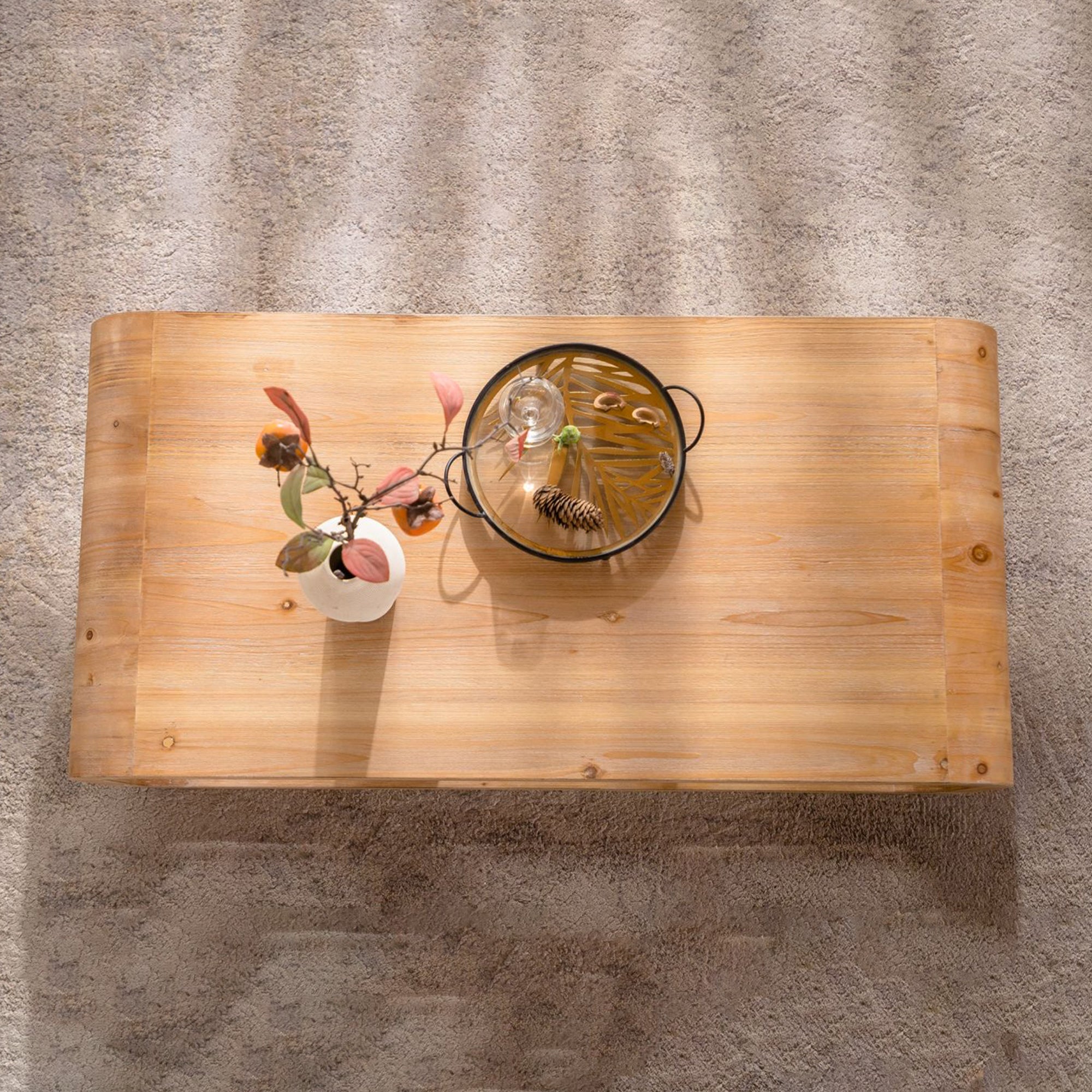 Modern Open-Frame Elegant Curved Light Wood Coffee Table With Open Storage For Contemporary Living Rooms