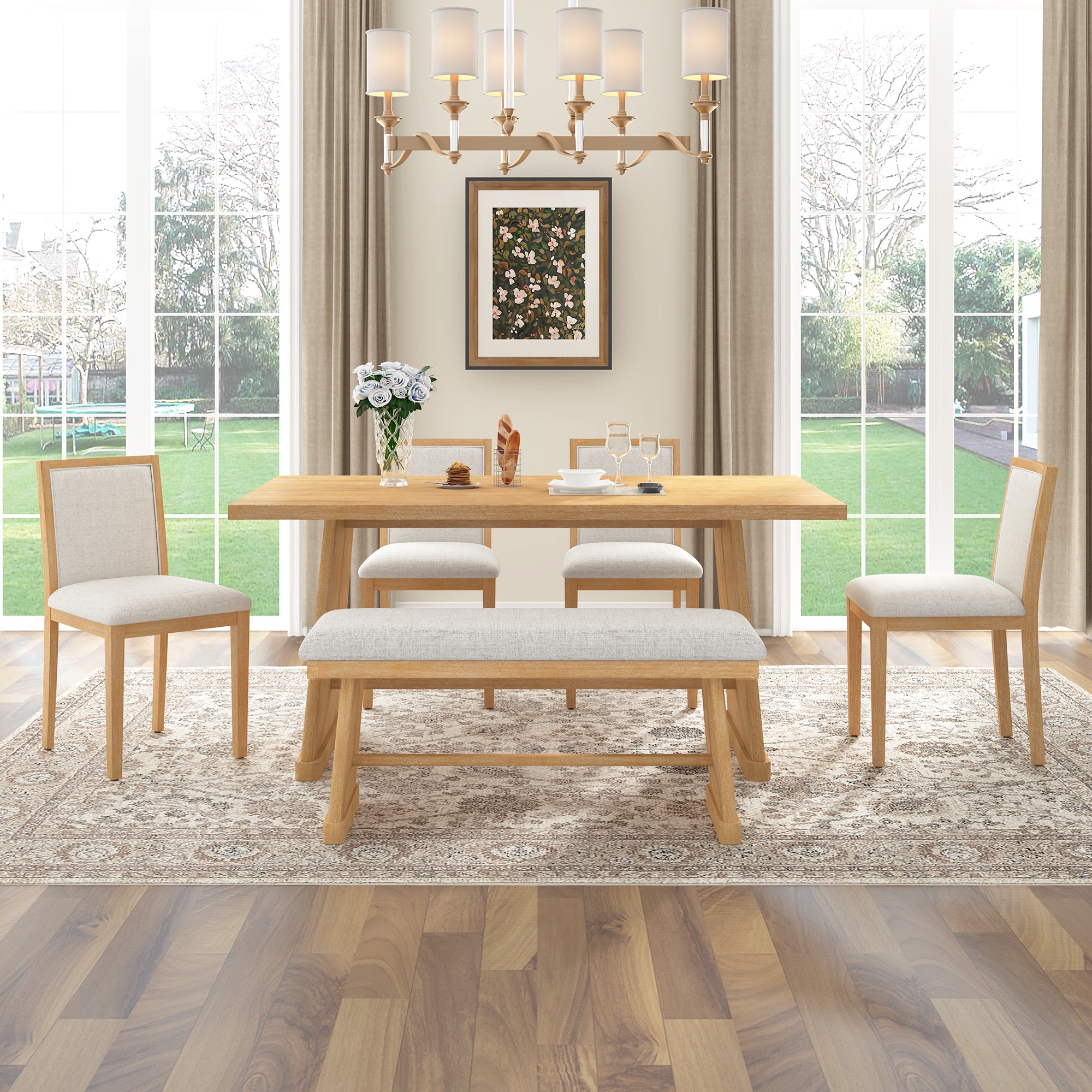 TREXM 6-Piece Rustic Farmhouse Dining Table Set With Wire Brushed Design, Rectangular Dining Table With Trapezoid Legs, 4 Upholstered Linen Chairs & 1 Padded Bench For Dining Room & Kitchen Natural