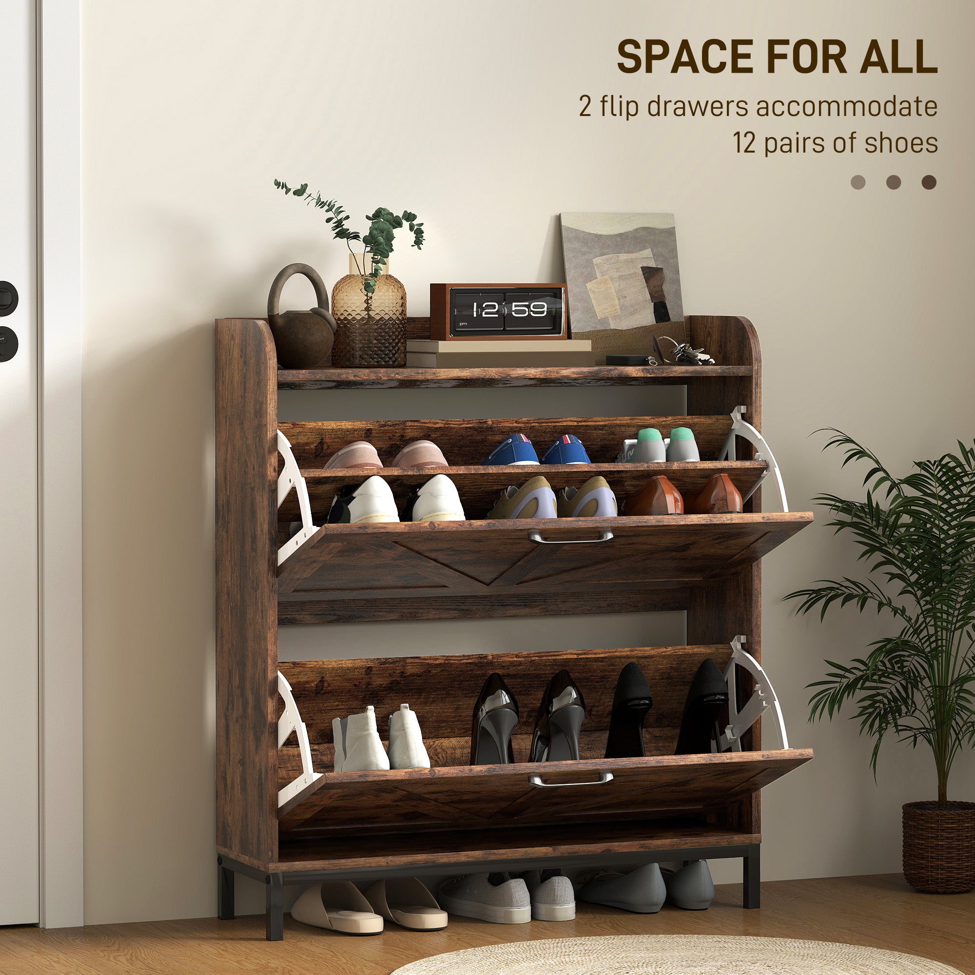 Shoe Cabinet Organizer with 2 Flip Drawers, Legs, Narrow Shoe Storage Cabinet for Entryway, Hallway, Rustic Brown