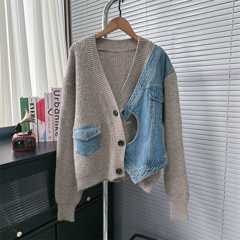 Design Sense Niche Stitching Denim Sweater Coat Fake Two-piece Knitted Cardigan