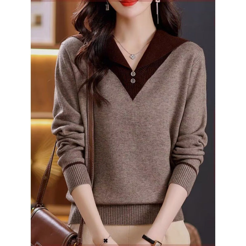 Lapel Outer Long-sleeves Knitted Pullover Sweater