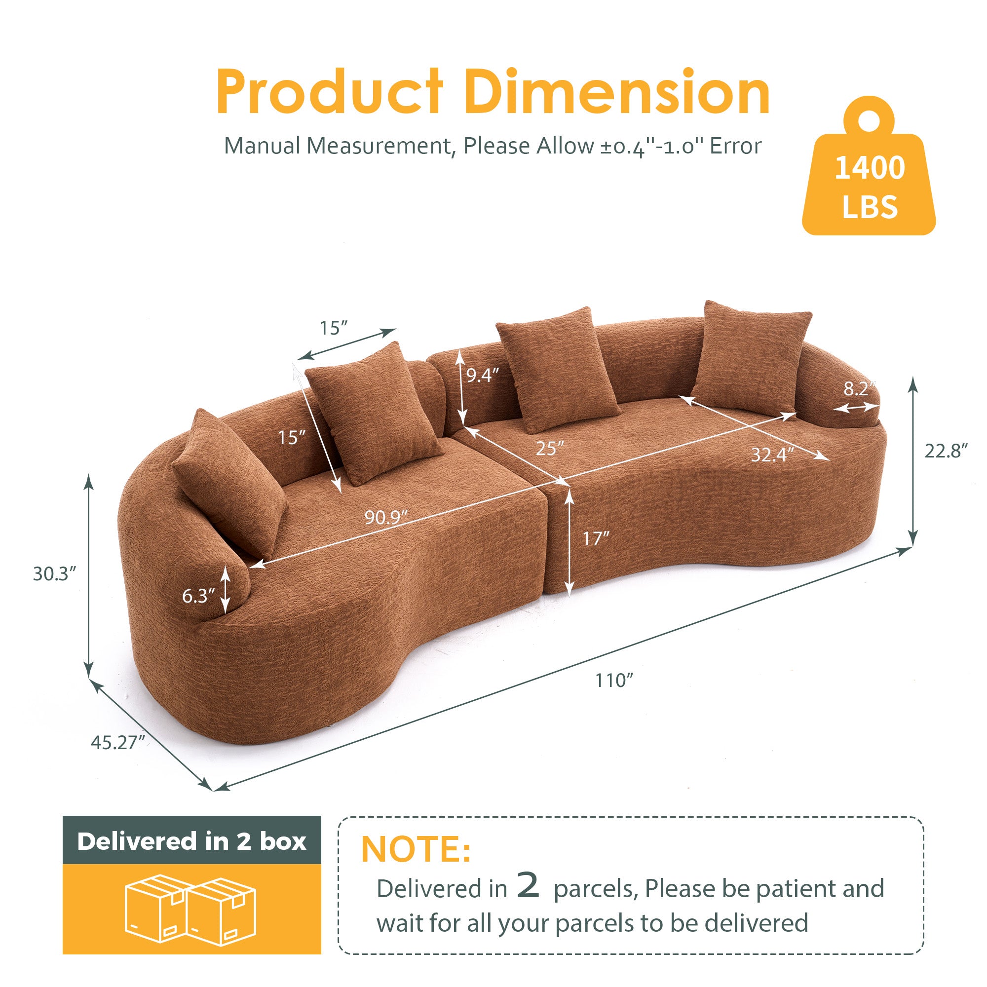 Compression Sponge Sofa Orange Curved Modular Sectional  30D High-Density Chenille Sleeper Couch For Apartment  Living Room 110L