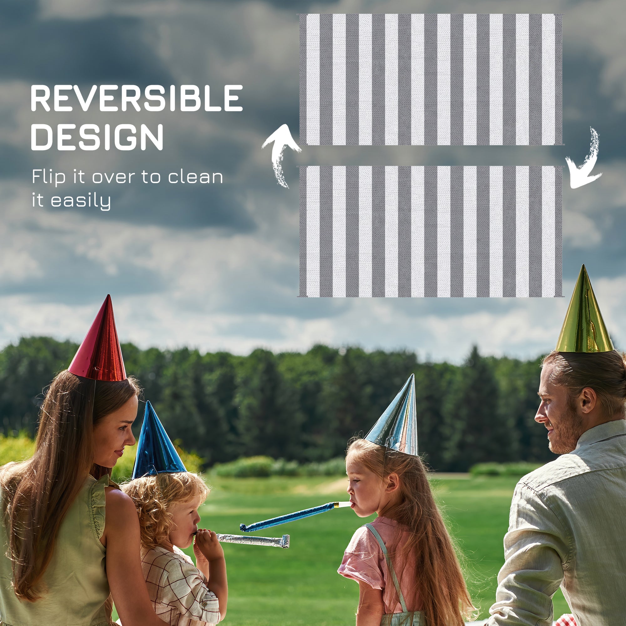 Reversible Outdoor Rug, 9' x 18' Waterproof Plastic Straw Floor Mat, Portable RV Camping Carpet, Large Floor Mat for Backyard, Deck, Picnic, Beach, Gray & White Striped