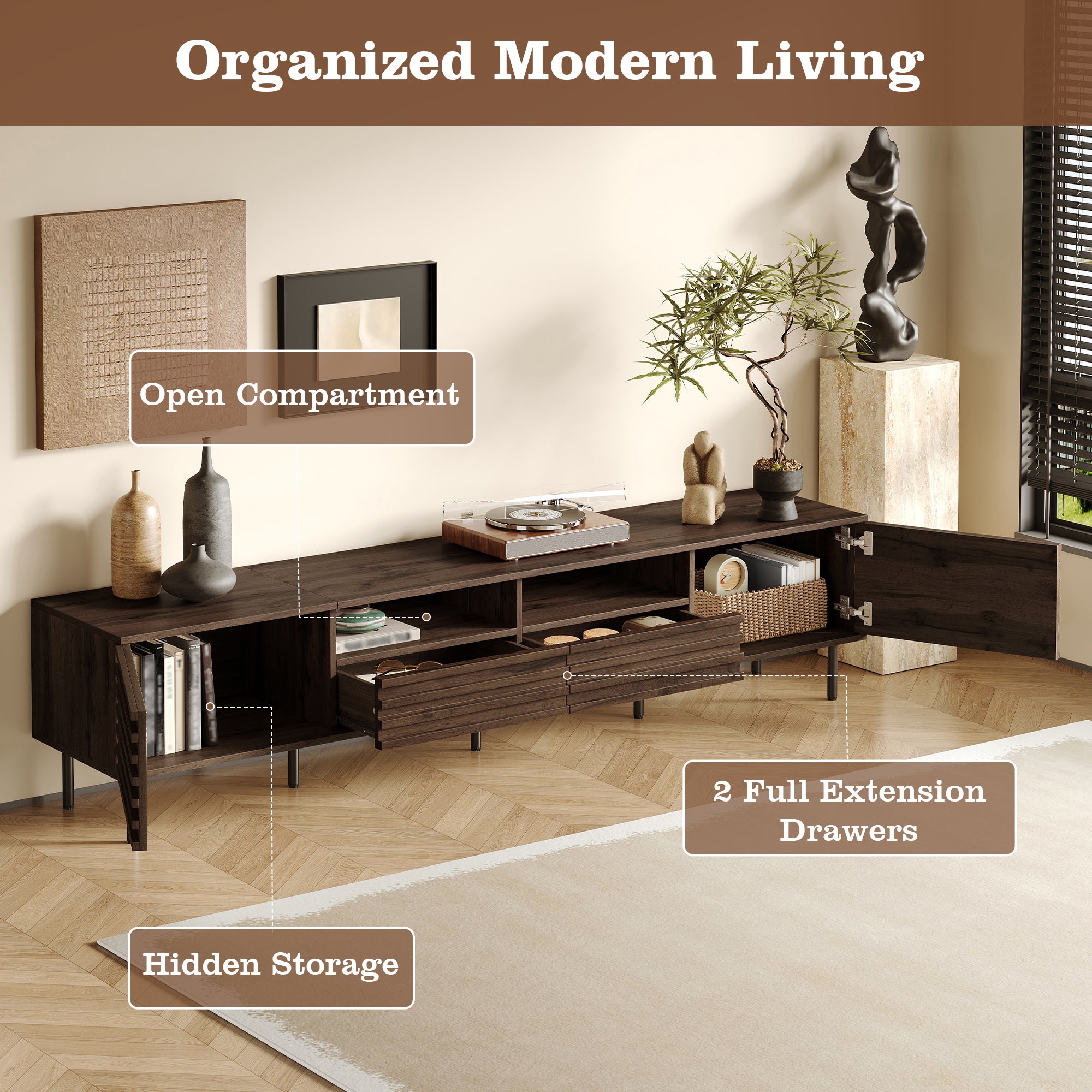 78 Inch Modern TV Stand For TVs Up To 85, Entertainment Center With Closed Storage & Cable Management, Soft-Closing Hinges, Iron Legs For Living Room