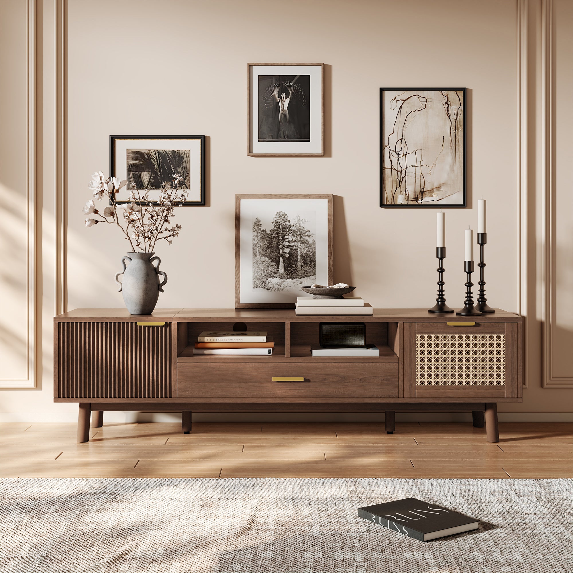 Wood Fashionable TV Stand For 75 TVs, TV Cabinet With Soft-Closing Door And Drop-Down Door Cabinet, Modern TV Consoles For Living Room, Bedroom