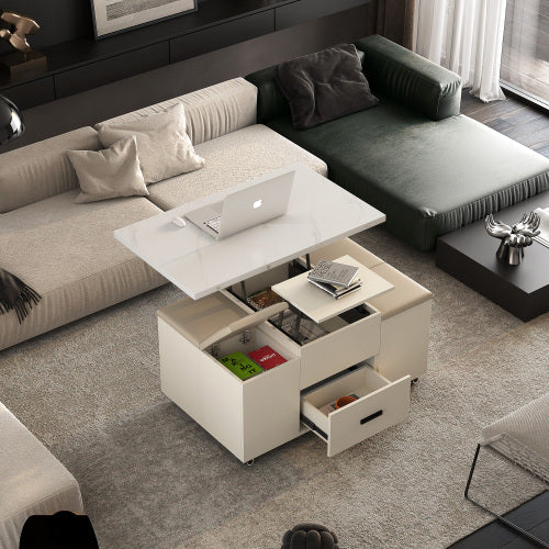 Modern Lift-Up Coffee Table With 4 Stools Set For Living Room Expandable 1 Hidden Storage 2 Drawers Space Saving Folding Dining Table