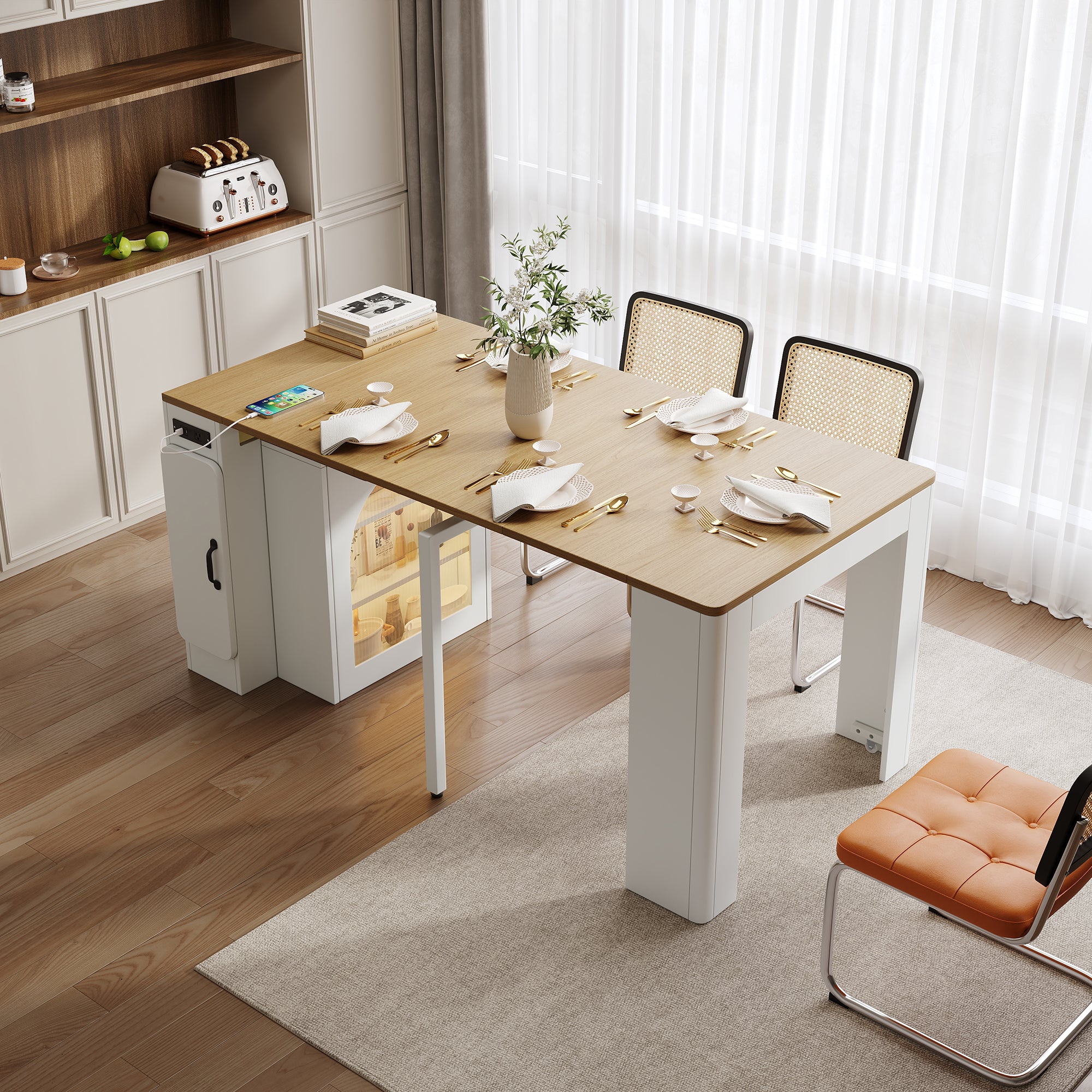 TREXM Extendable Dining Table With 3 Removable Middle Leaves  Mobile Rolling Island Table With Power Outlet  Saving-space Cabinet With Storage For Dining Room And Living Room  CREAM WHITE AND NATURAL