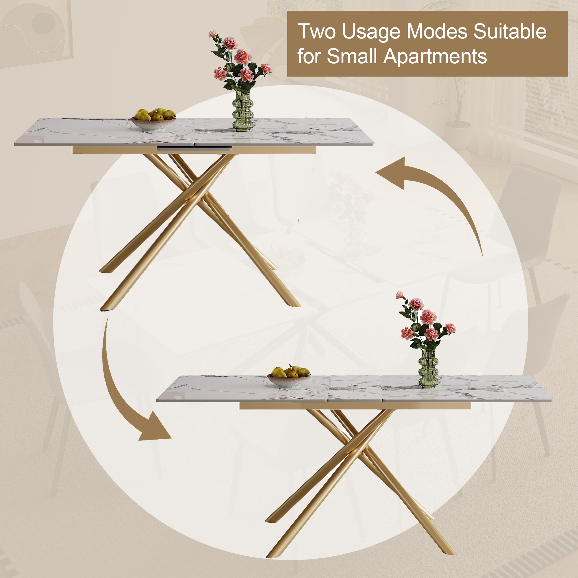 59-inch Modern Rectangle Expandable Dining Table With Retractable Leaf  Sintered Stone Top & Golden Carbon Steel X-Base  Sturdy 4-6 Person Table For Small Apartments  Kitchen  Dining Room