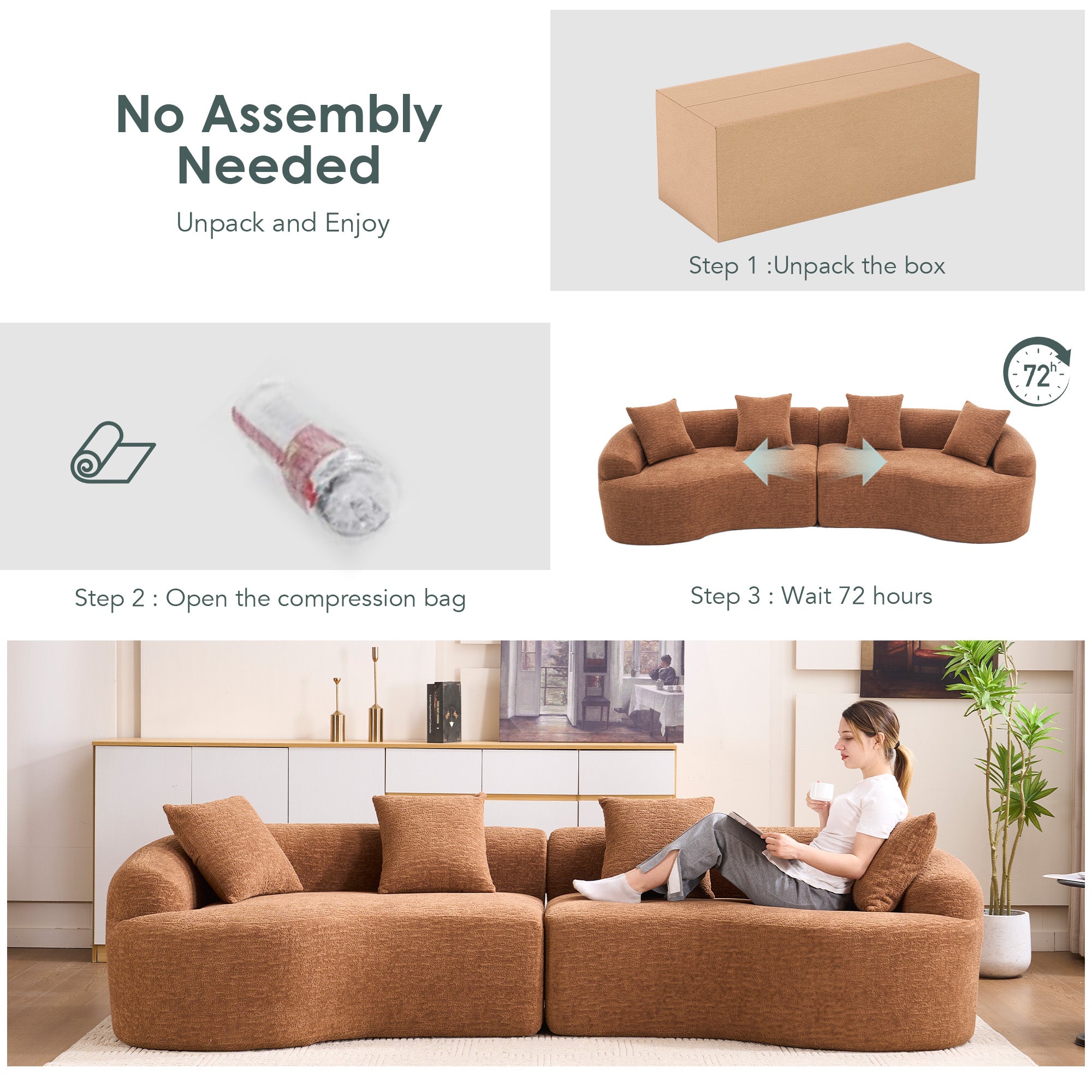 Compression Sponge Sofa Orange Curved Modular Sectional  30D High-Density Chenille Sleeper Couch For Apartment  Living Room 110L