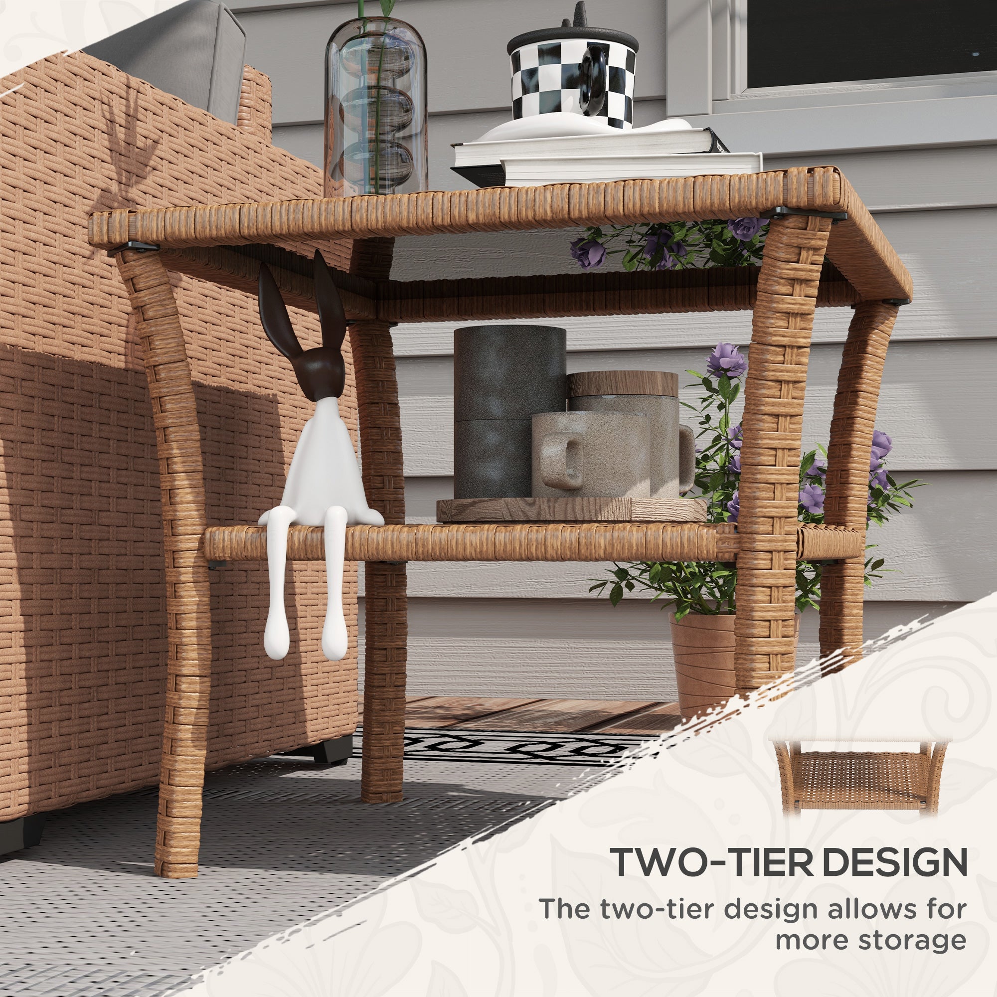 Rattan Side Table, Outdoor End Table With Storage Shelf, Aluminum Frame Square, Coffee Table With Tempered Glass Top, Sand