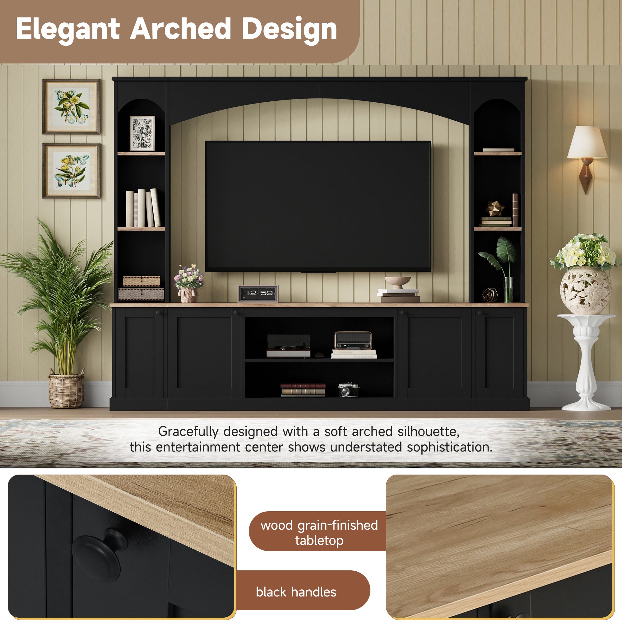 Elegant Arched Entertainment Center Wall Unit With Bookshelf, Farmhouse TV Stand With Wood Grain For TVs Up To 70, 91inch Media Console With Adjustable Shelves For Living Room, Black