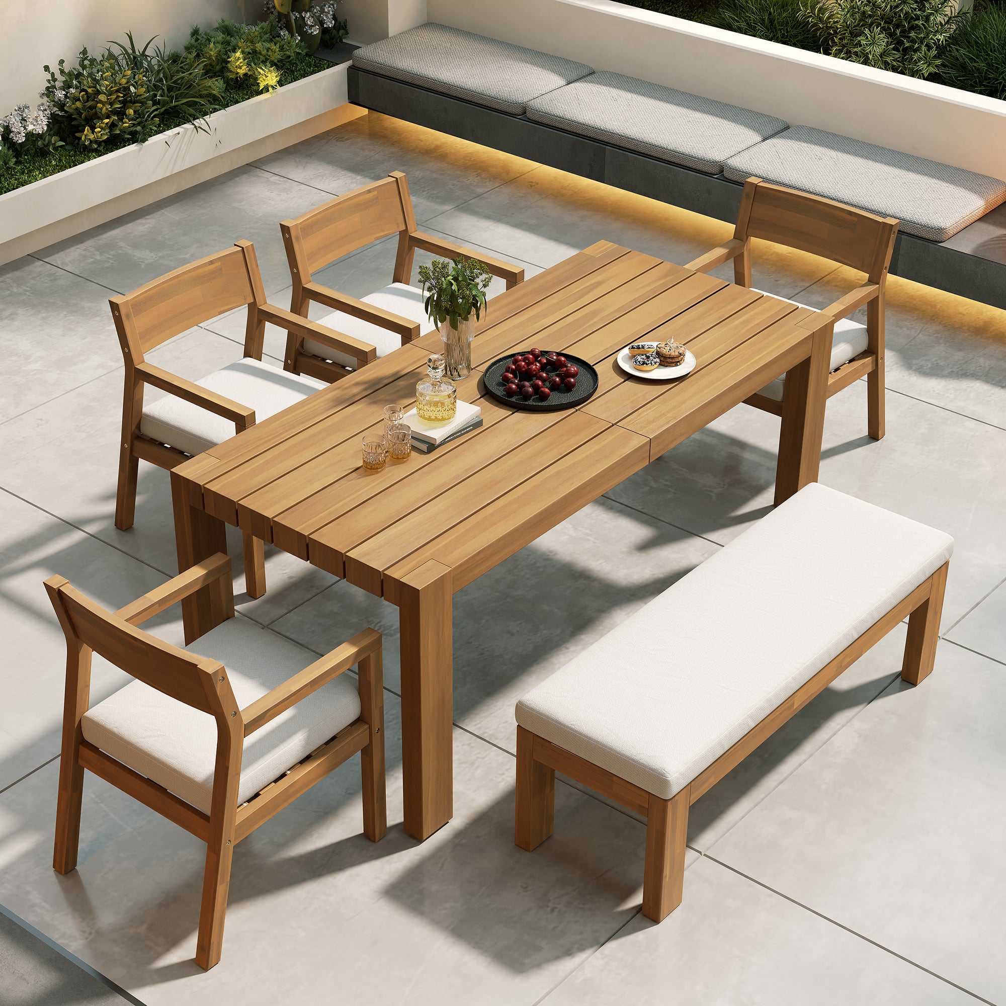 TREXM Patio Dining Table Set For 6  Outdoor Furniture Sets With Umbrella Hole  71 Rectangular Table  Chairs And Bench With Removable Cushions For Backyard  Garden  Poolside  Light Teak Beige Cushion