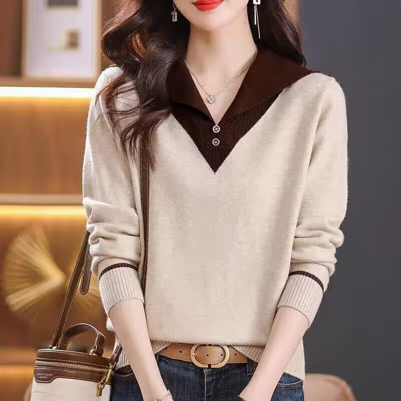 Lapel Outer Long-sleeves Knitted Pullover Sweater