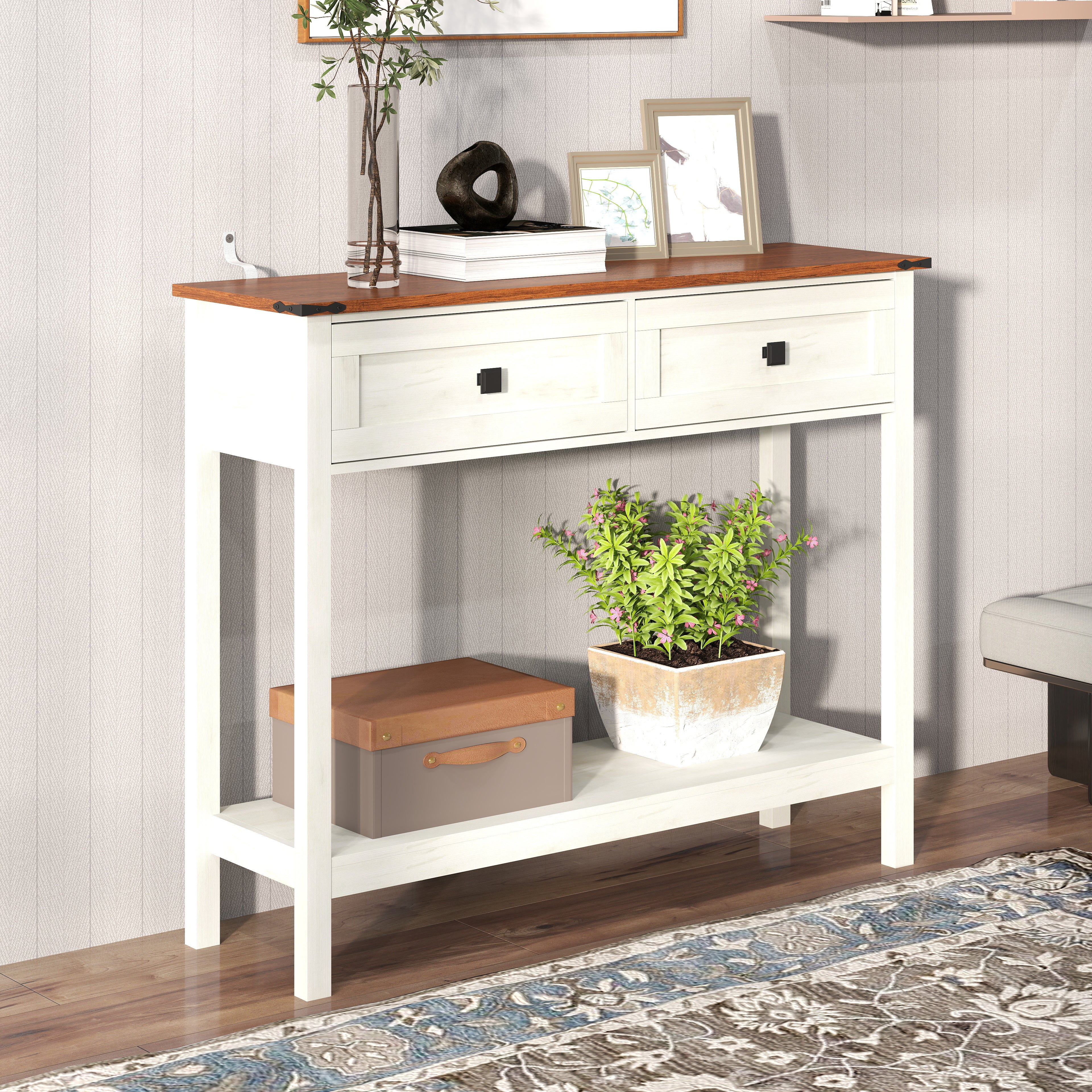 Farmhouse Style Console Table With 2 Drawer And Bottom Storage Shelf For Entryway, Rustic Side Table With Storage Drawer And Shelf For Living Room, Hallway Antique White