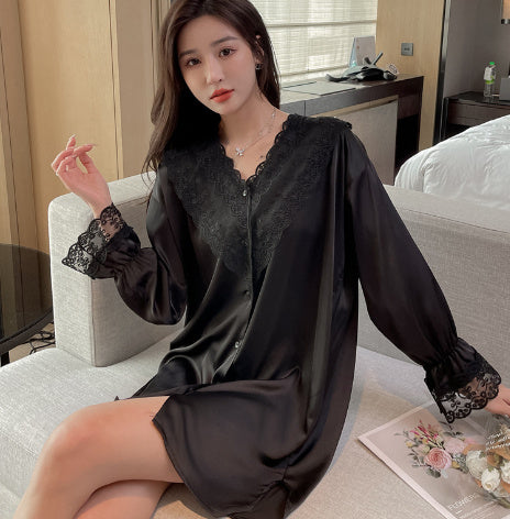 Boyfriend Style Shirt Pajamas Women Morning Gown Silk Home Clothes