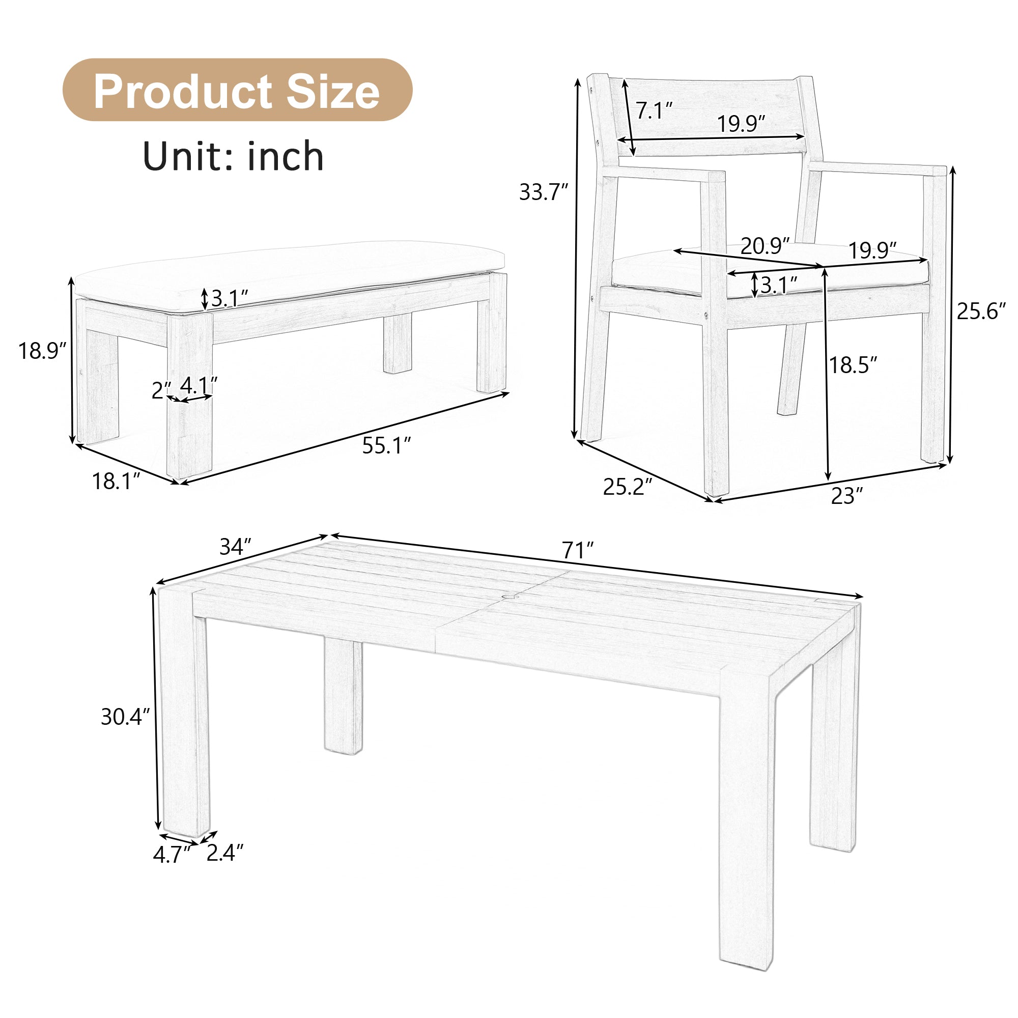 TREXM Patio Dining Table Set For 6  Outdoor Furniture Sets With Umbrella Hole  71 Rectangular Table  Chairs And Bench With Removable Cushions For Backyard  Garden  Poolside  Light Teak Beige Cushion