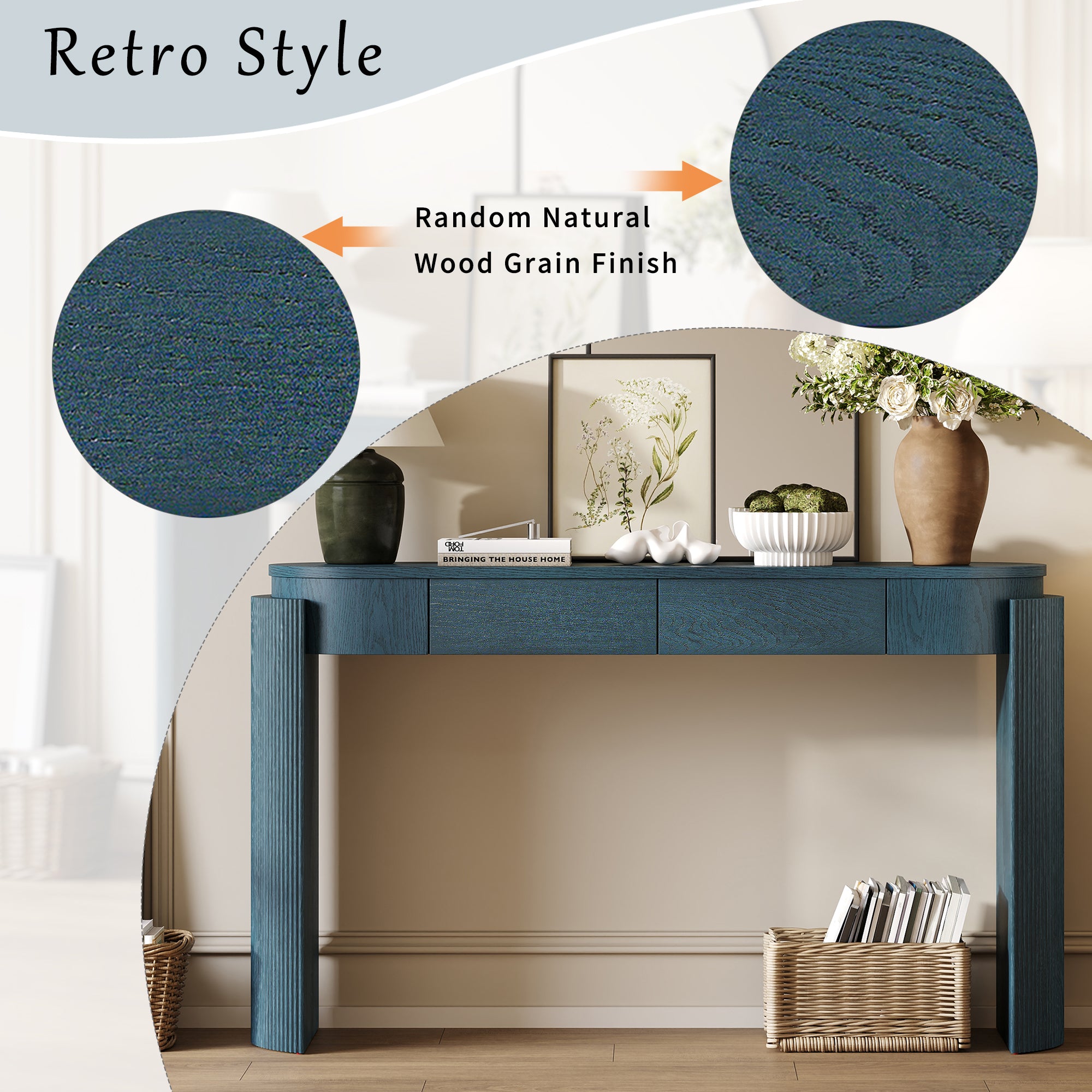TREXM Entryway Table With Natural Wood Grain Finish  Console Table With Fluted Design  Oval Top And 2 Drawers For Entryway And Living Room  Navy