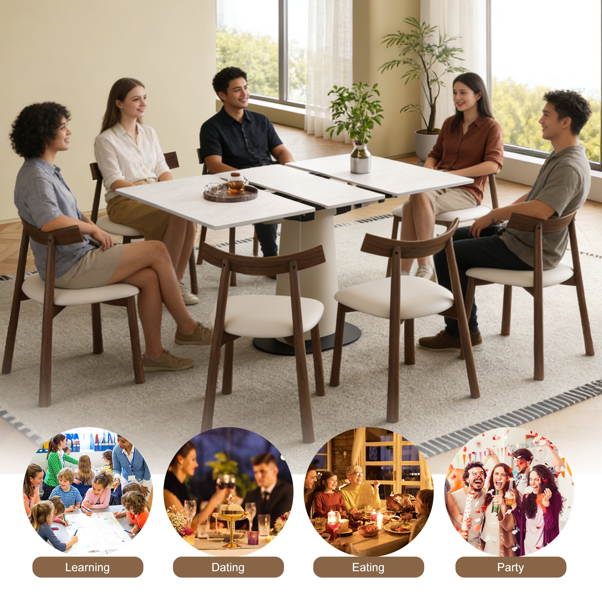 Retractable Rock Slab Dining Table Set  Modern 7-Piece Expandable Table With 6 Wooden Leg Chairs & Leather-Wrapped Base  Space Saving Kitchen Set For Small Apartments