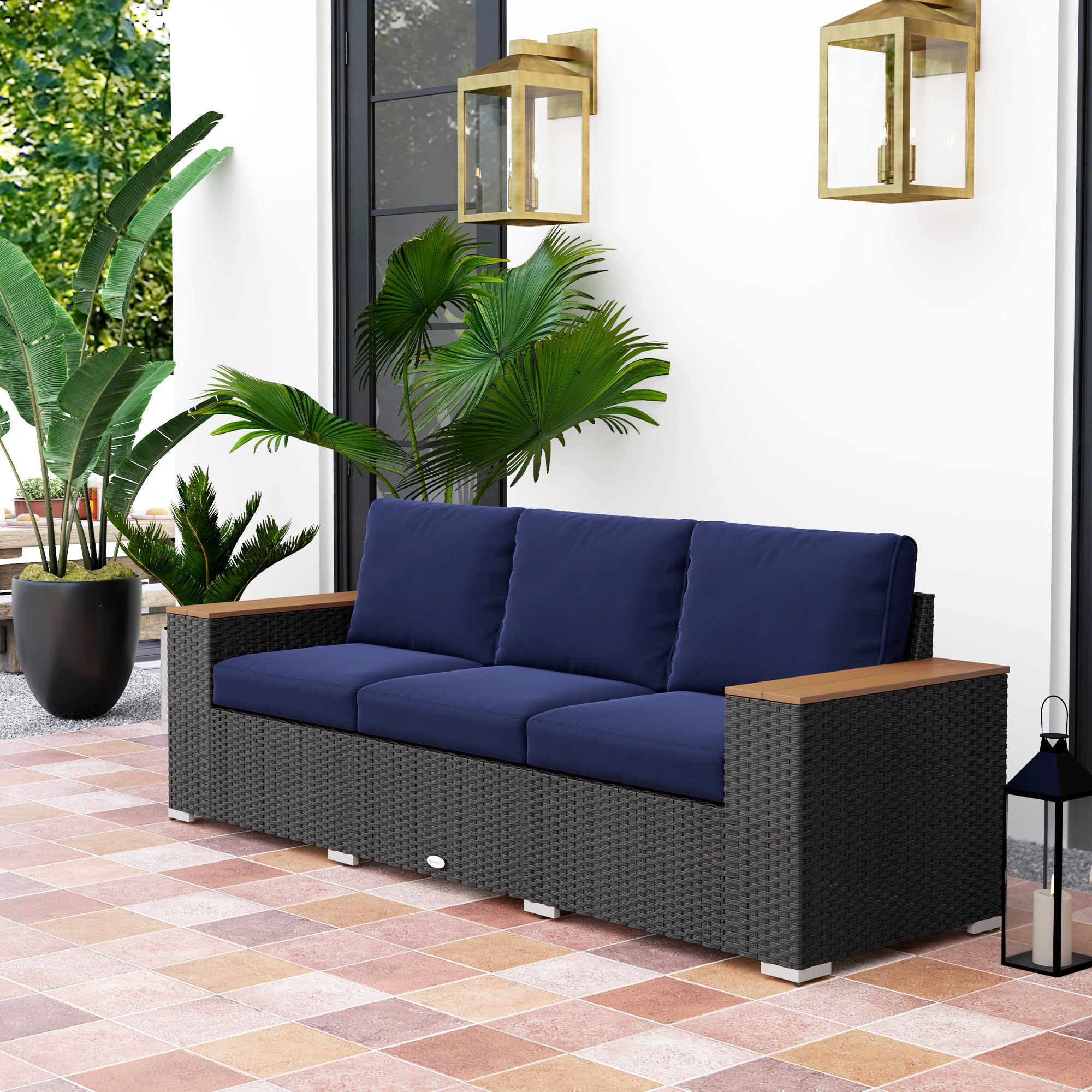 3-Seat Outdoor Patio Sofa, PE Wicker Outdoor Couch with  Extra Wide Deep Seat, Wide Armrests 4" Cushions, Navy Blue