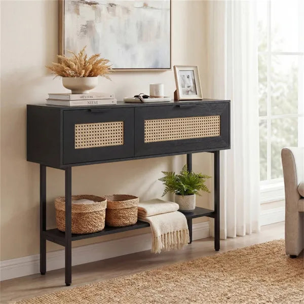 Black Rattan Console Table With Storage Cabinets & Open Shelf, 40 Inch Entryway Table With Sturdy Carbon Steel Frame For Living Room, Hallway, Sofa Table