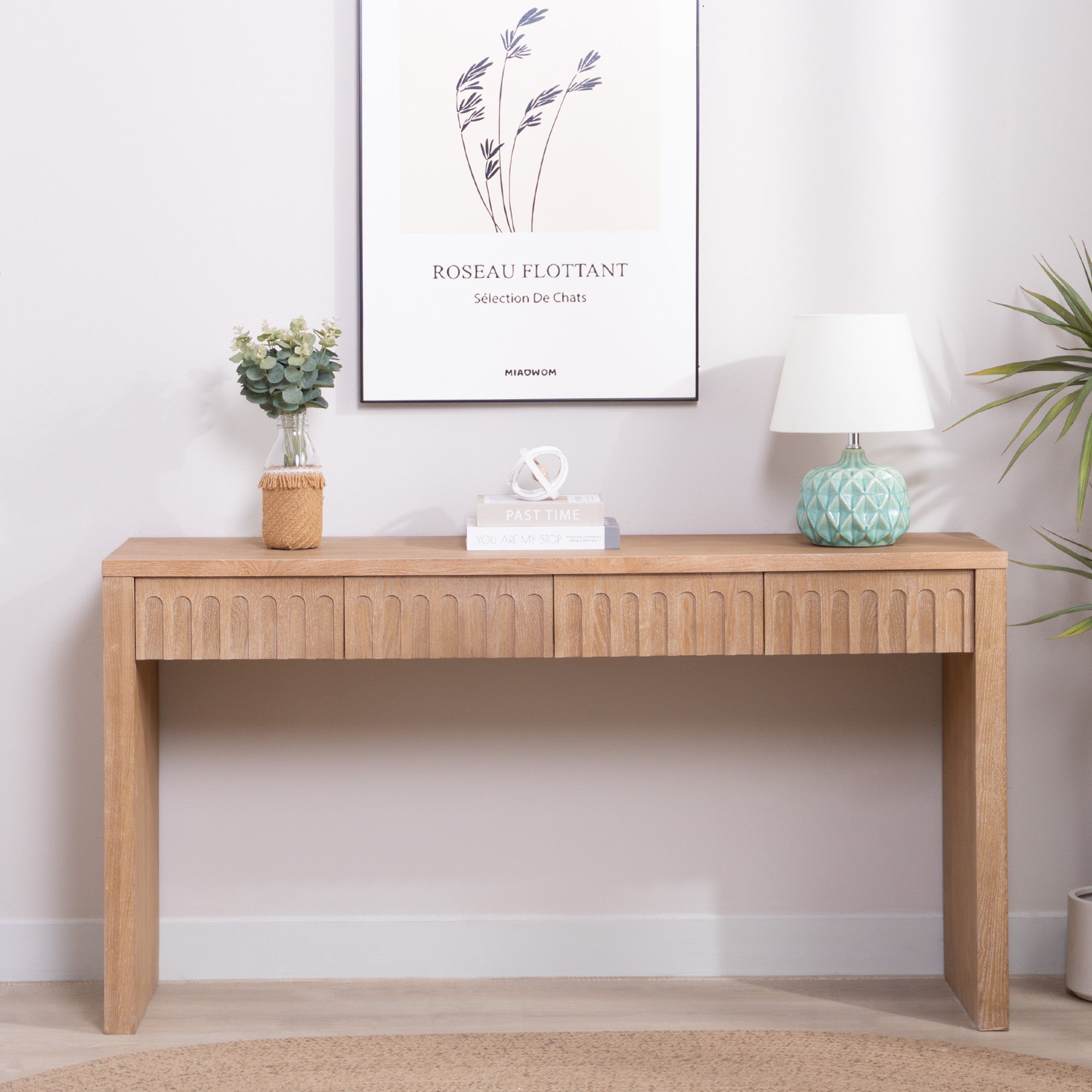 Modern Console Table With 4 Drawers  59.2  Entryway Table In Natural Wood Finish