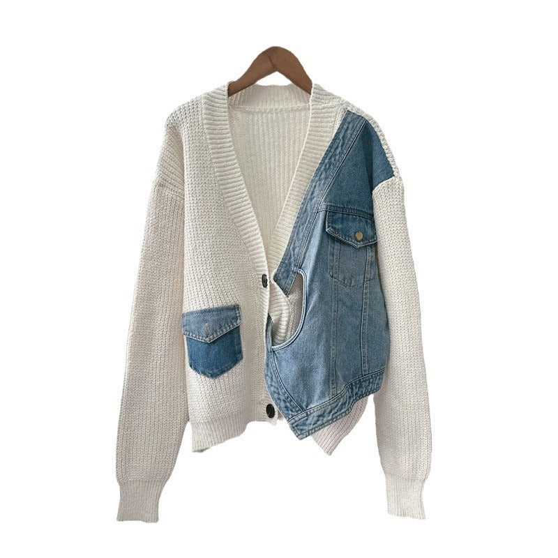 Design Sense Niche Stitching Denim Sweater Coat Fake Two-piece Knitted Cardigan